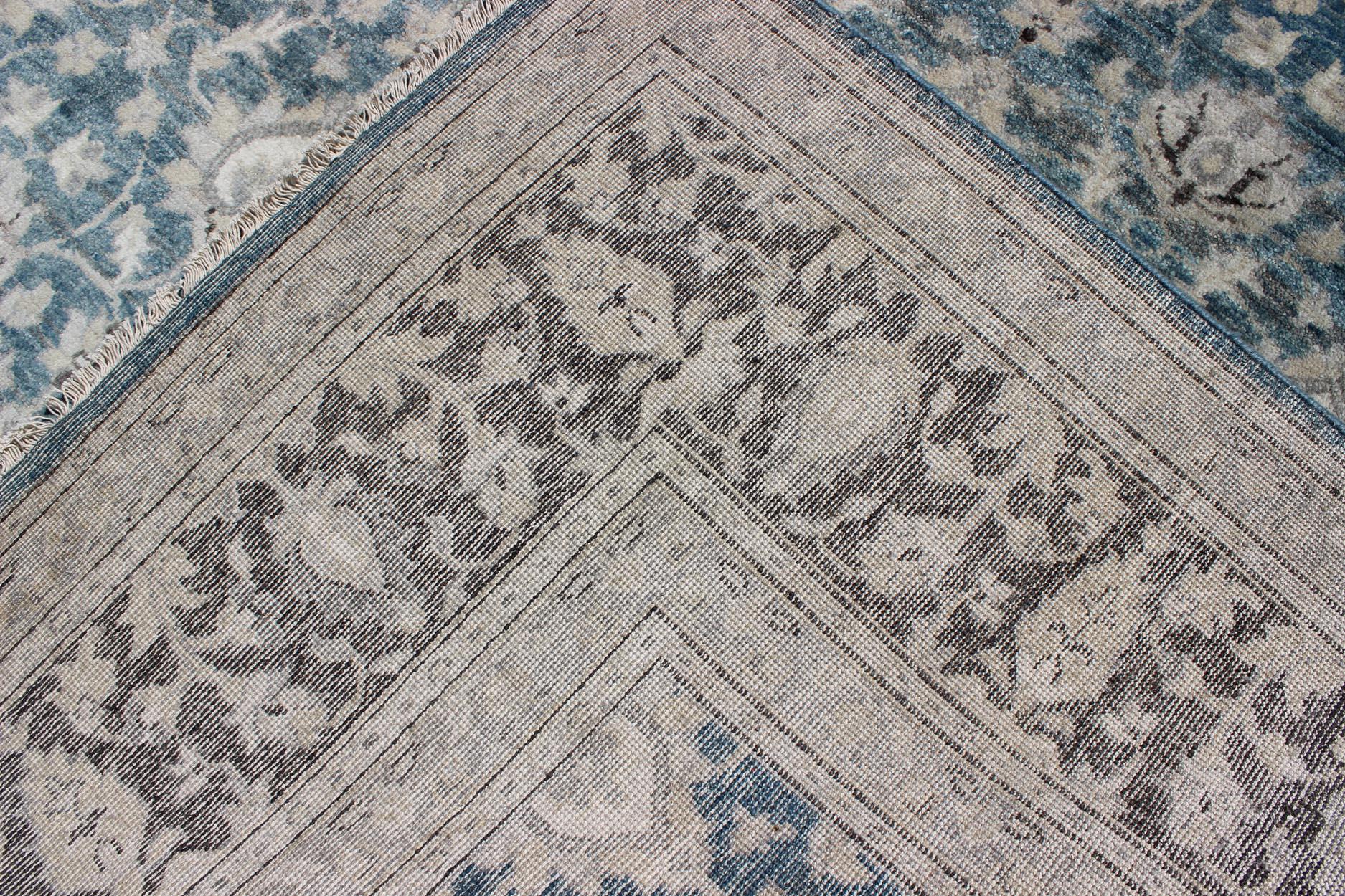 Wool Tabriz Rug with All-Over Design in Blue, Gray and Brown by Keivan Woven Arts For Sale