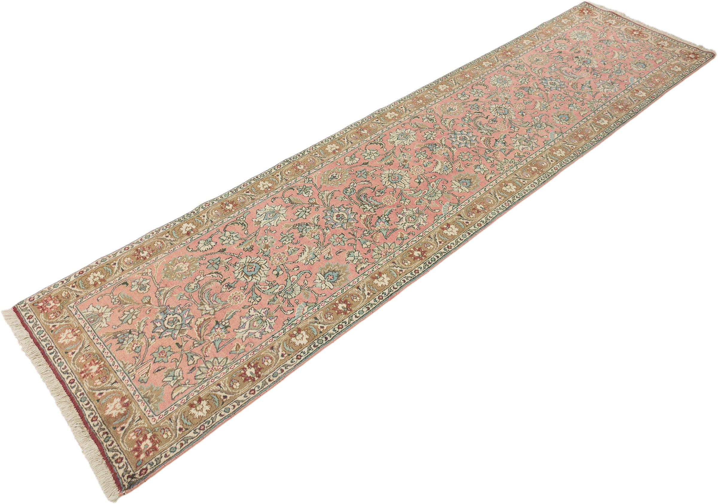 Traves de Mesa Tabriz, Anudado a Mano, 12,2 × 3 pies - Rosa, Beige y Azul Claro Persa en venta