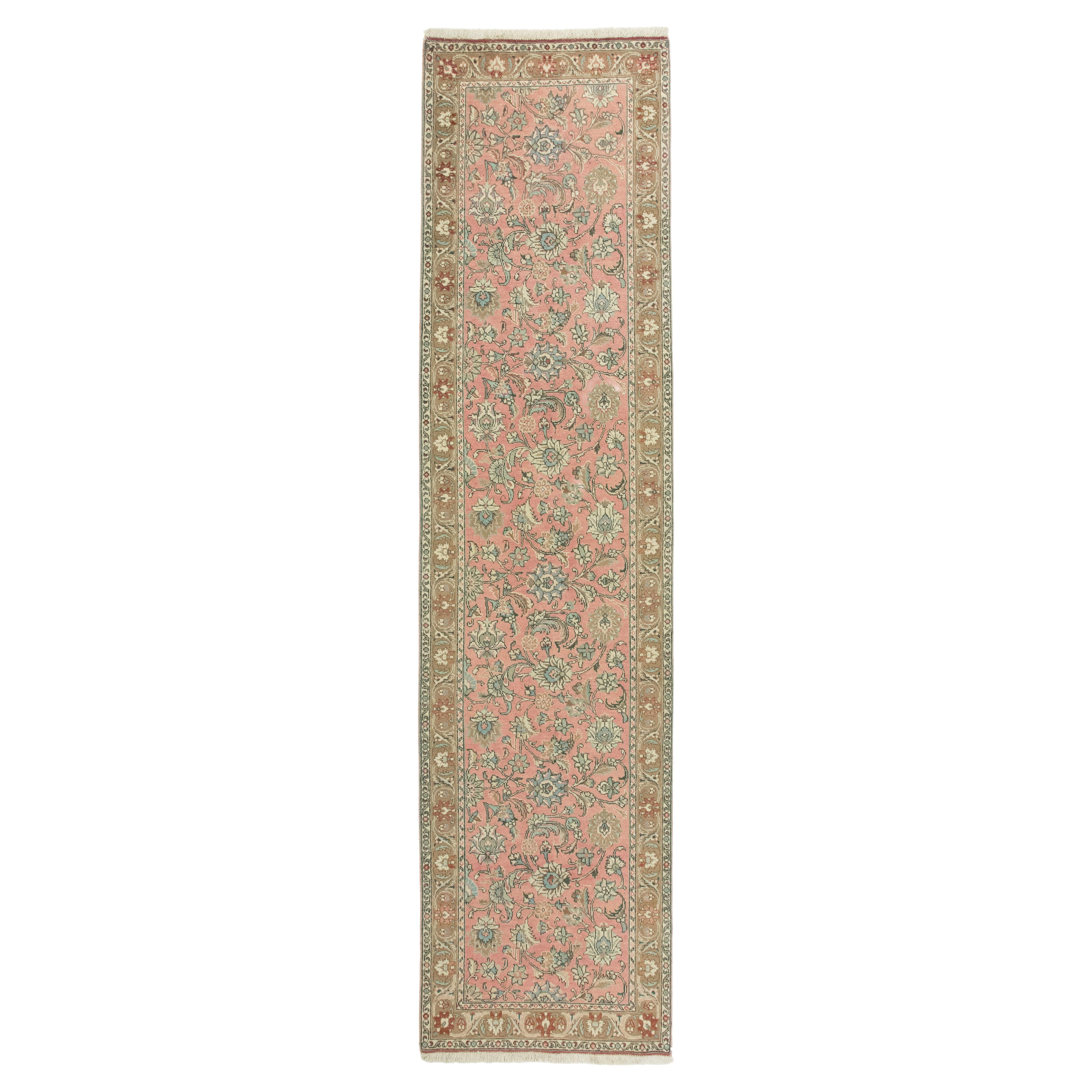 Tabriz Läufer, handgeknüpft, 12,2 × 3 Fuß - Rosa, Beige und Hellblau