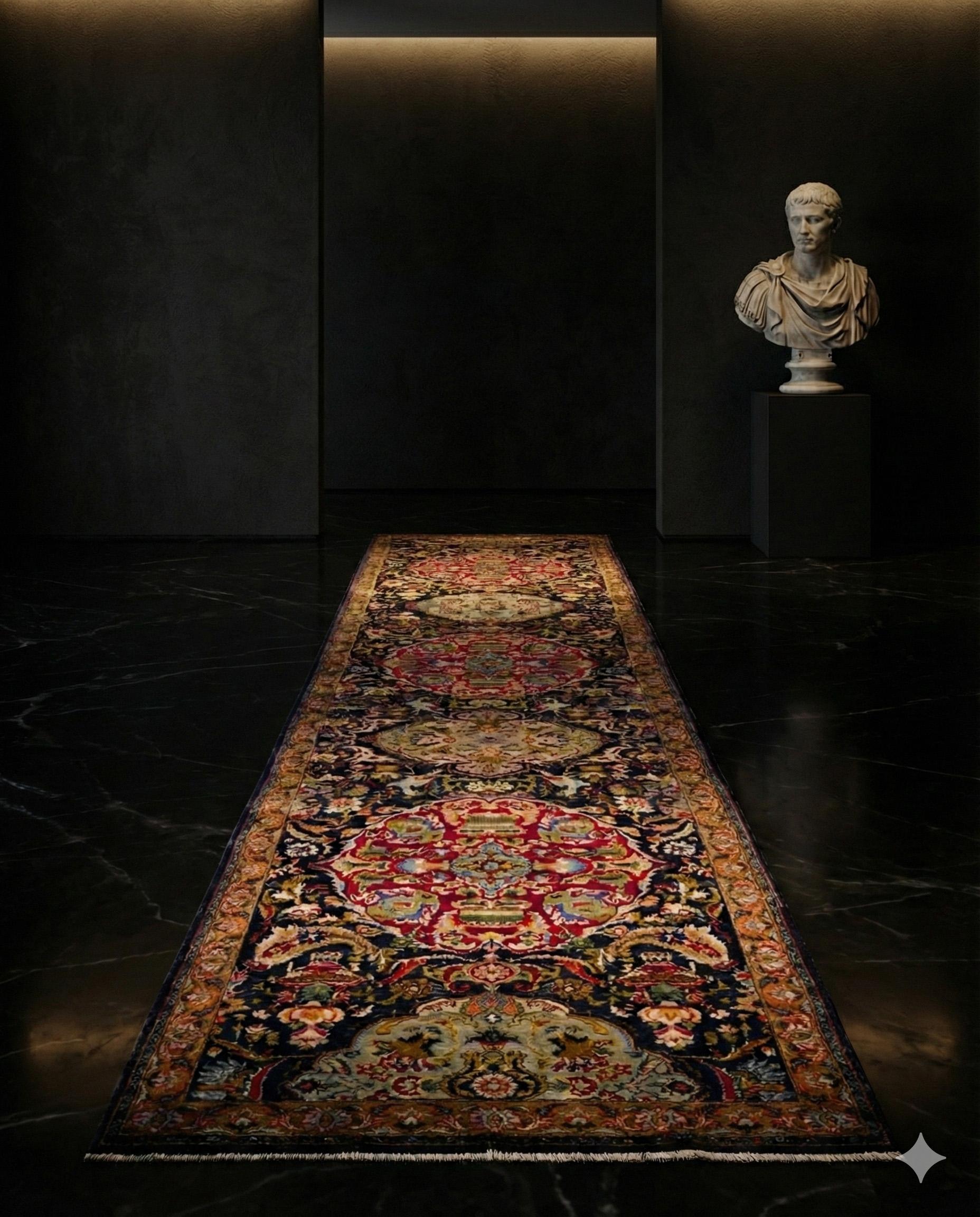 Tapis de course Tabriz

Beauté impériale persane à l'échelle de la galerie
Cet exquis chemin de table noué à la main présente la grandeur du design persan classique dans un élégant format allongé. Un profond champ bleu marine Dark Sapphire sert de