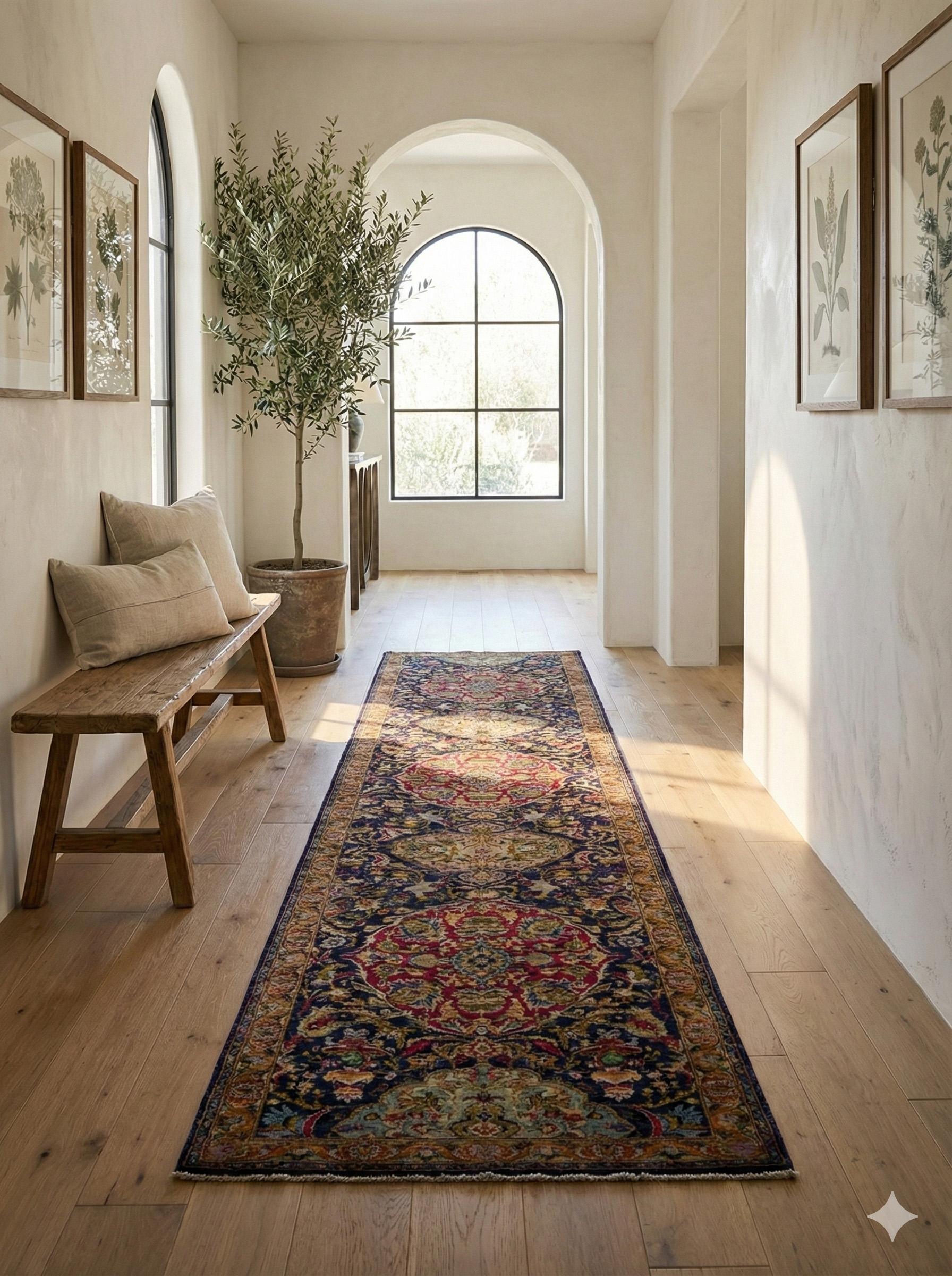 Perse Tapis de course Tabriz 3 ft x 15 ft - Noir Ivoire Rouge en vente