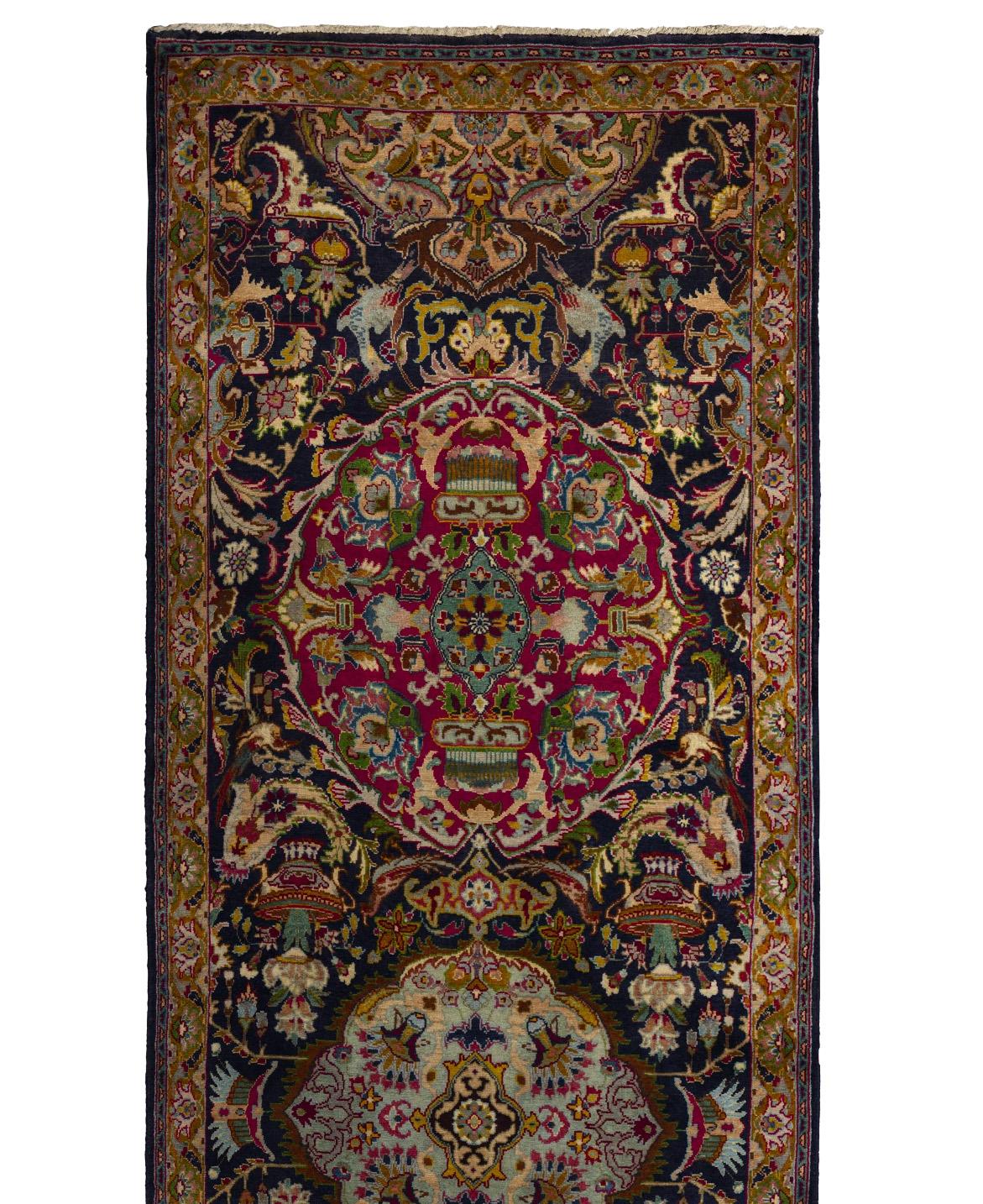 Tapis de course Tabriz 3 ft x 15 ft - Noir Ivoire Rouge Excellent état - En vente à Dallas, TX