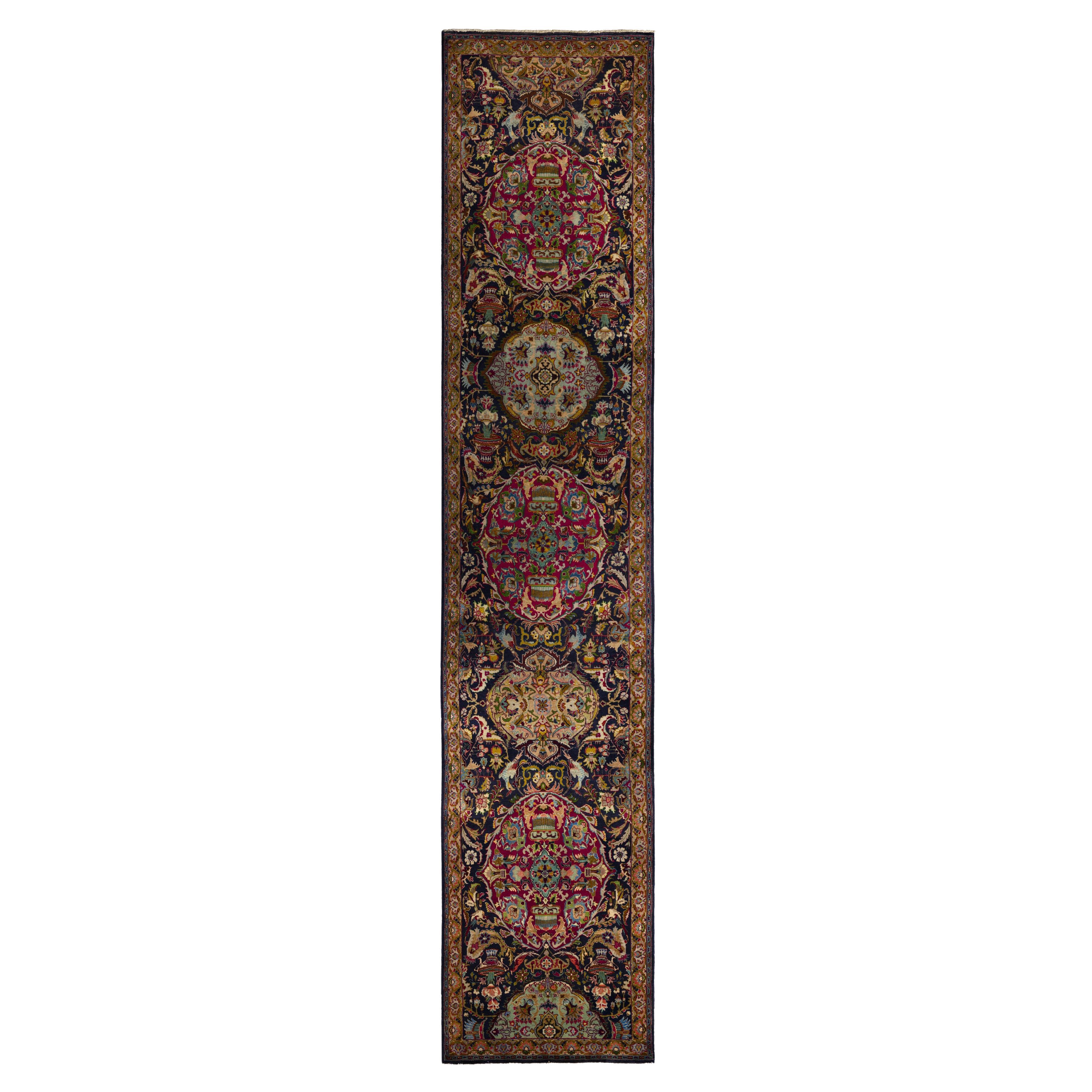 Tabriz Runner Rug 3 ft x 15 ft - Black Ivory Red