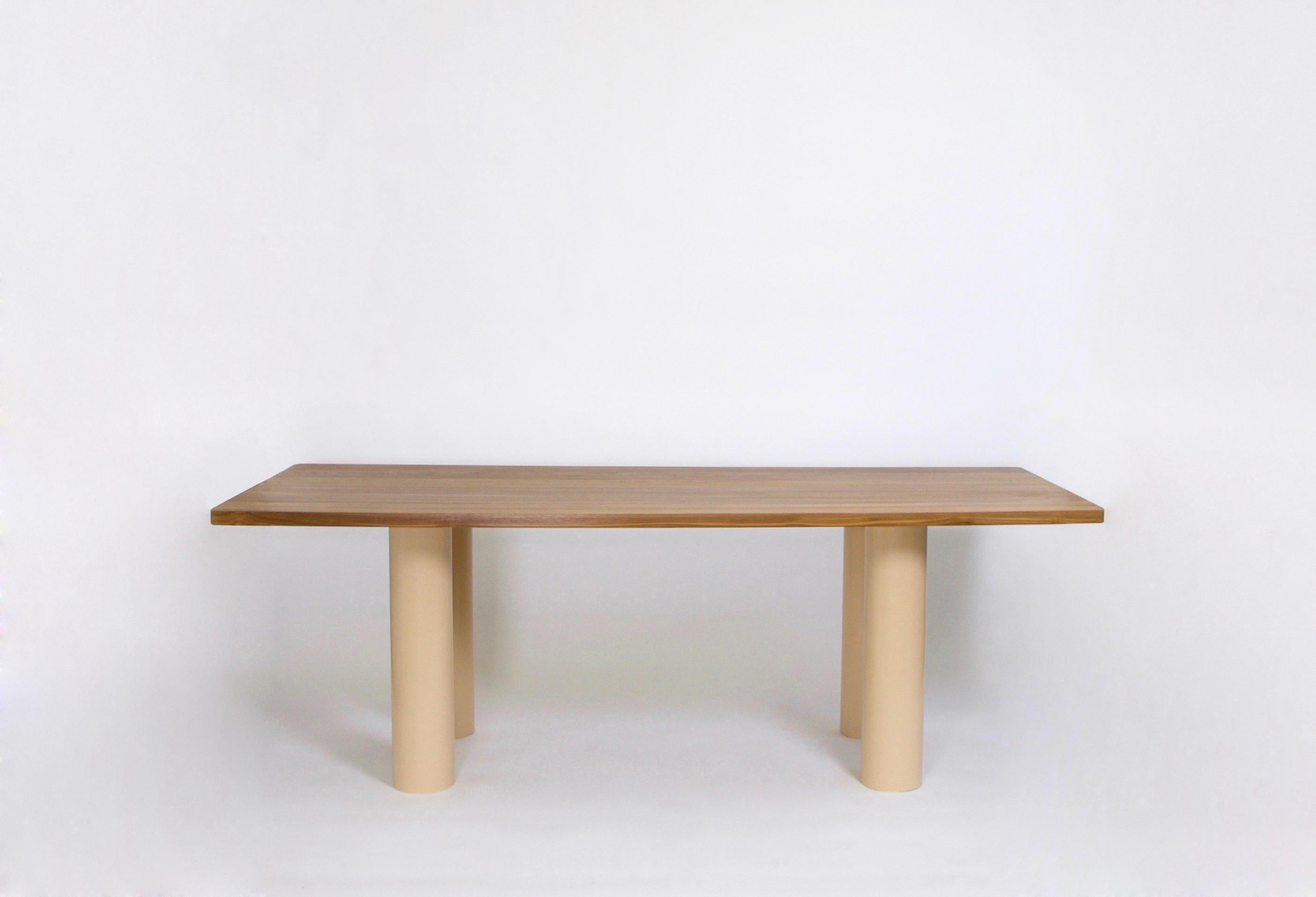 Tabula dining table by Helder Barbosa
Materials: Teak, steel
Dimensions: 220 x 85 x 74 cm
 Diameter: 16 cm

Trained as a craftsman (école Boulle, 2014), Helder Barbosa is a designer who lives and works in Paris.
Attracted by minimalist shapes,