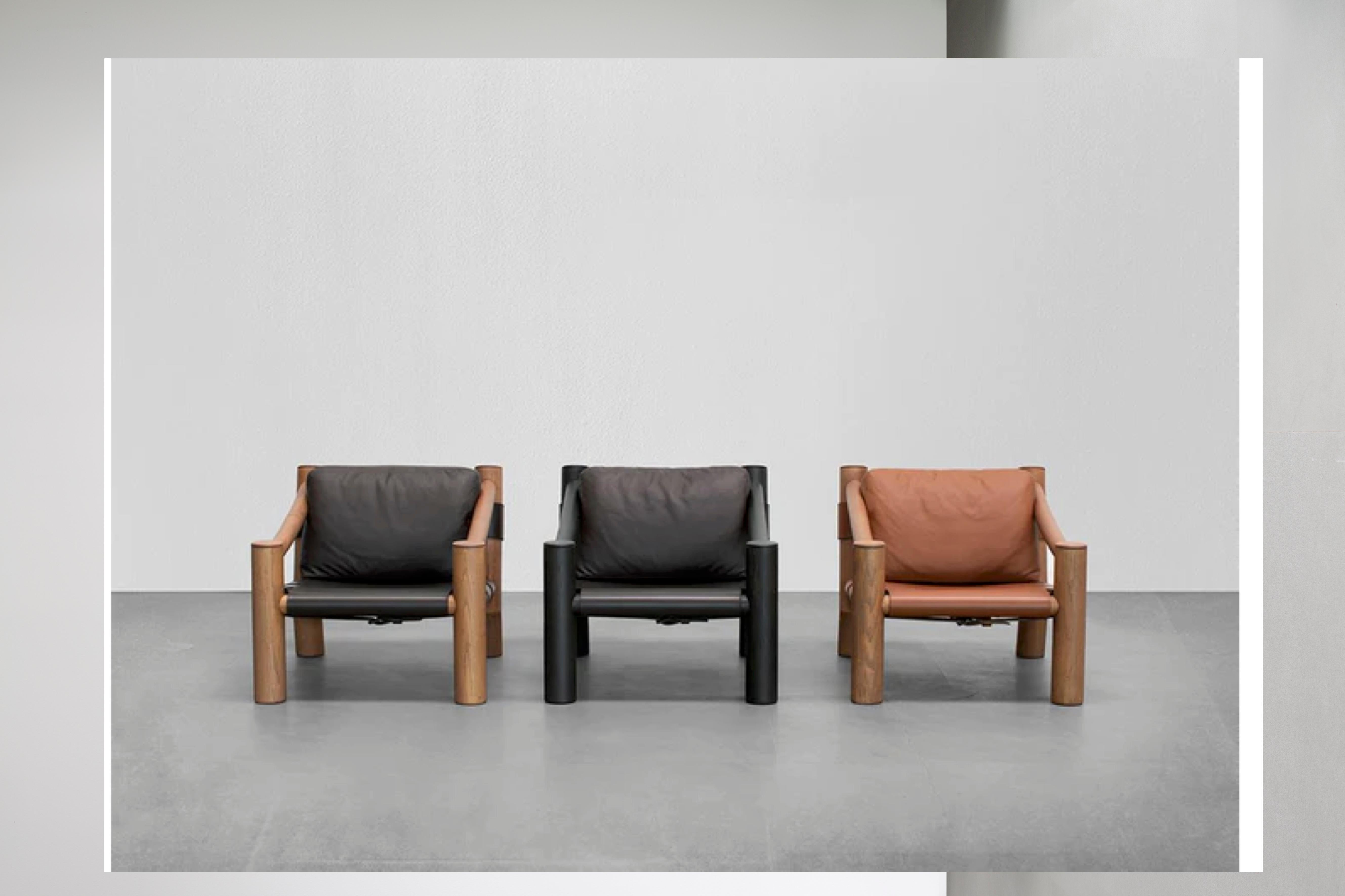 frame finishes: Walnut or anthracite grey
Color leather available: Black, dark brown or hide (cuoio)
Clear lines and volumes are combined with fine cabinet-making in this iconic chair by Lebanese designer Karen Chekerdjian. Elephant’s base is made
