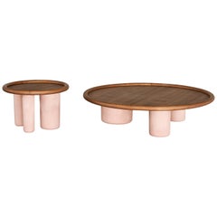 Tacchini Pluto Large Low Table In Pink Cement with Walnut Top by Studiopepe
