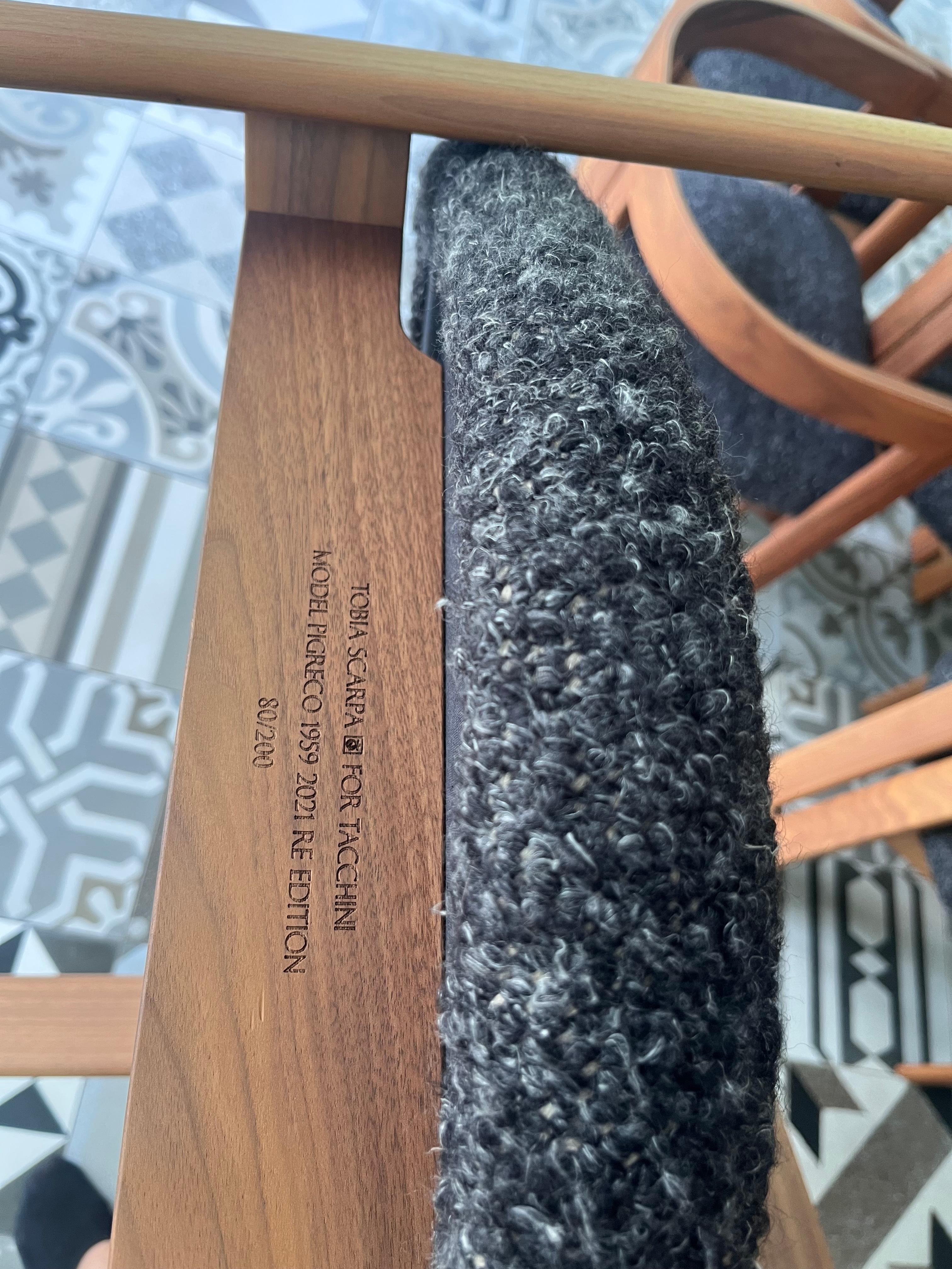 Pigreco set of 8 - limited edition of 200 - numbered #78-85
UPHOLSTERED in Dedar Gimel in color 03: Ardoise
CANALETTO WALNUT BASE T135


The essential nature of a sign. The proportion of solids and voids. The harmony between straight and curved