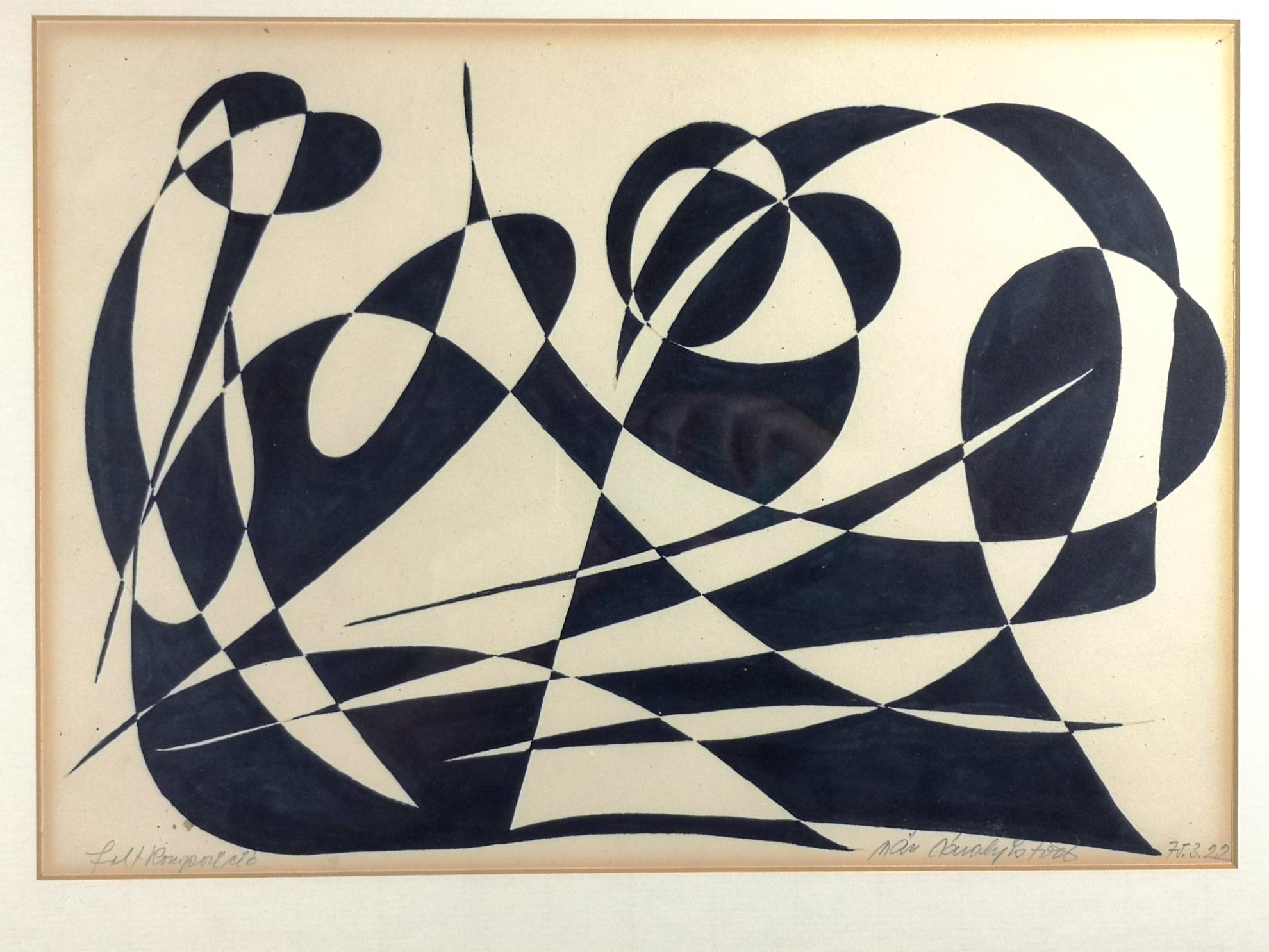 This tachist composition is signed and is an ink on paper work, representative of the 1960s-1970s op art movement in Hungary. The piece is signed and dated by the artist, is framed and in great condition. Original piece.

Should you be interested