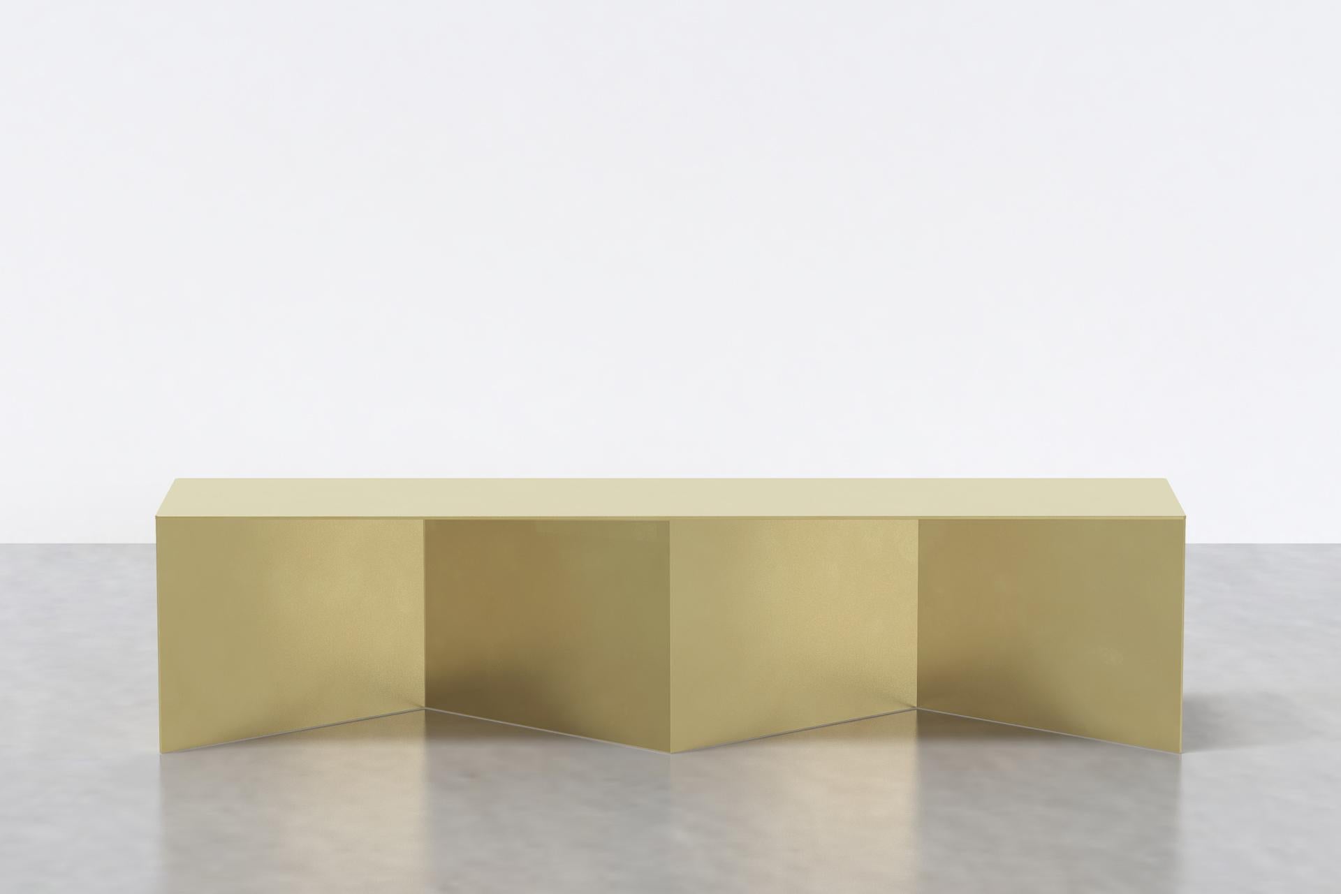 The Tack Bench in Brass charts a zig-zagging course in welded sheets of 1/4