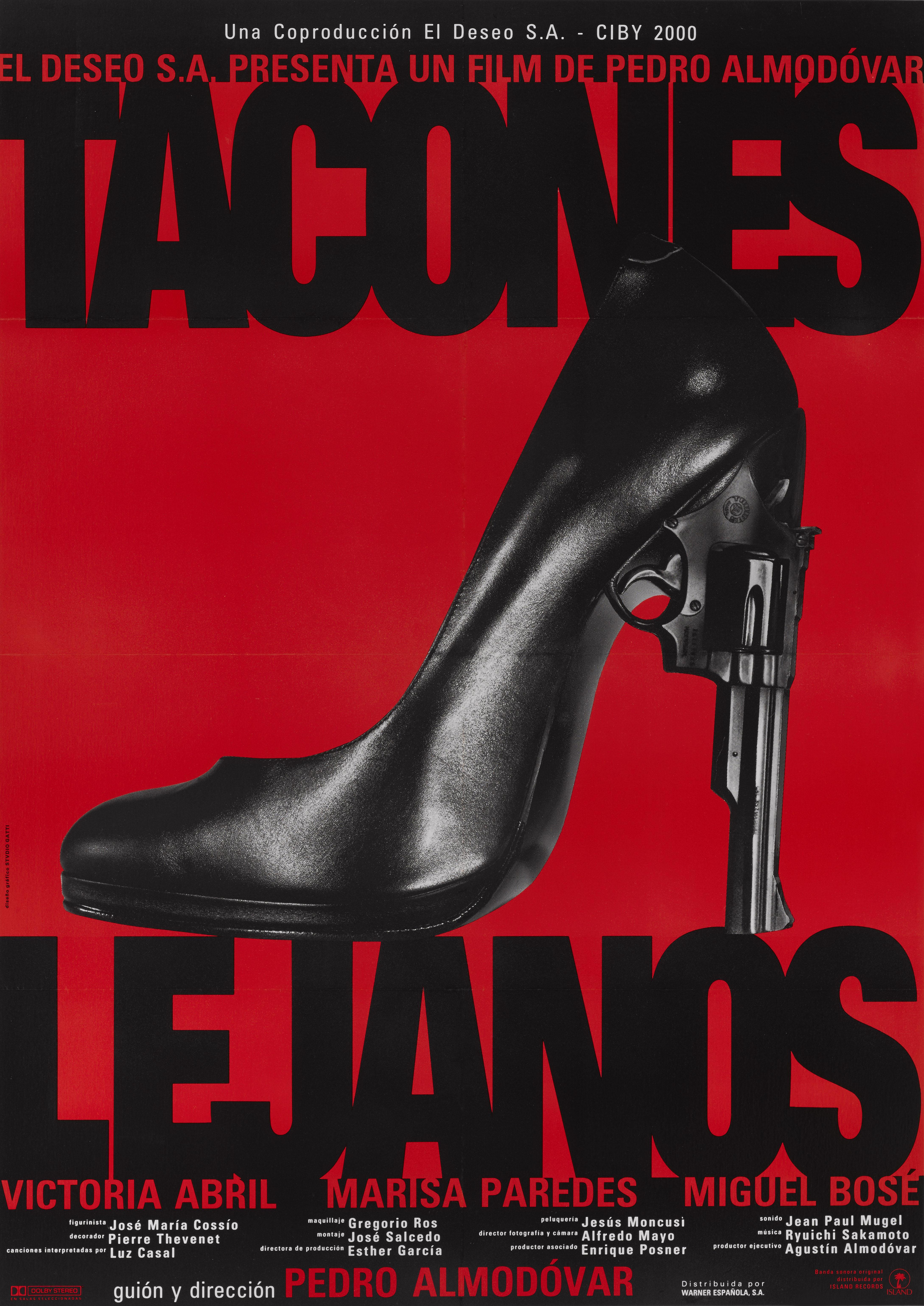 Original Spanish film poster from High Heels. This film was directed by Pedro Almodóvar, and stars Victoria Abril, Marisa Paredes and Miguel Bosé. The film focuses on the broken relationship between a mother, who had abandoned her daughter fifteen