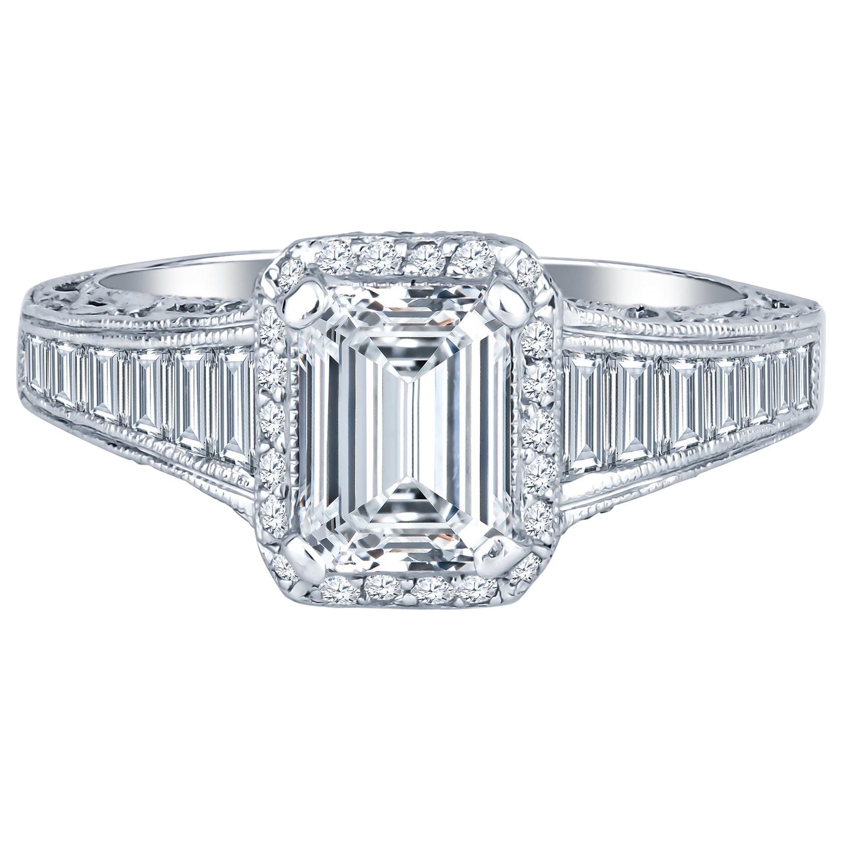 Tacori 1.01 Emerald Cut Ring with 1.35 Carat in Side Diamond, GIA Certified For Sale