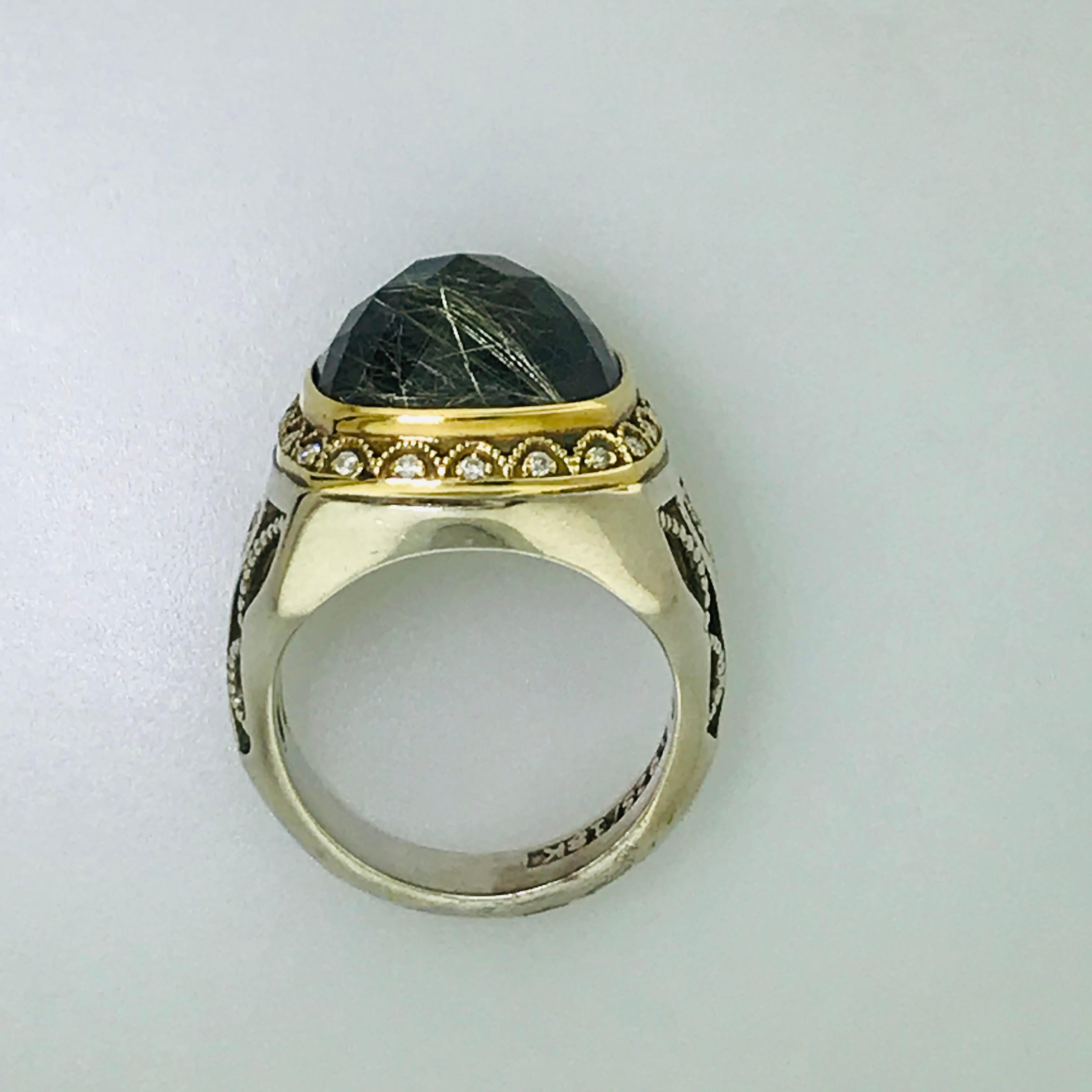 Cushion Cut Tacori 11 carat Rutilated Quartz & Black Spinel .07 carat Diamond 18K Gold Ring