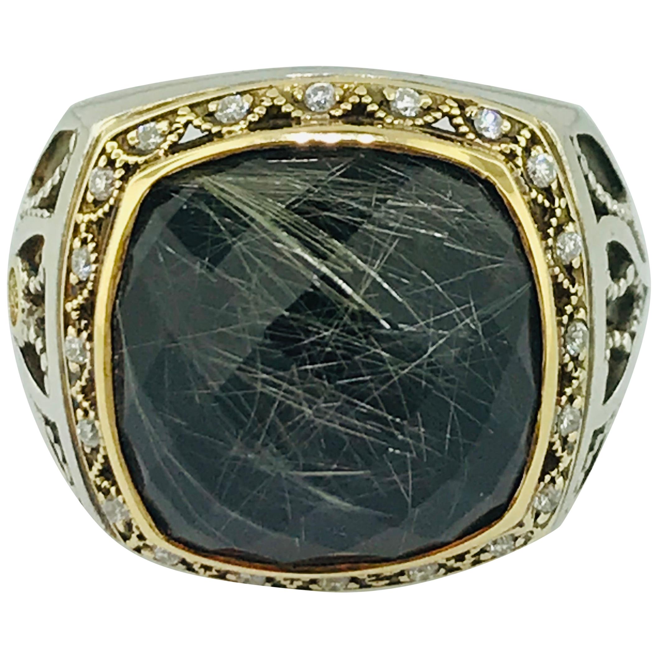 Tacori 11 carat Rutilated Quartz & Black Spinel .07 carat Diamond 18K Gold Ring