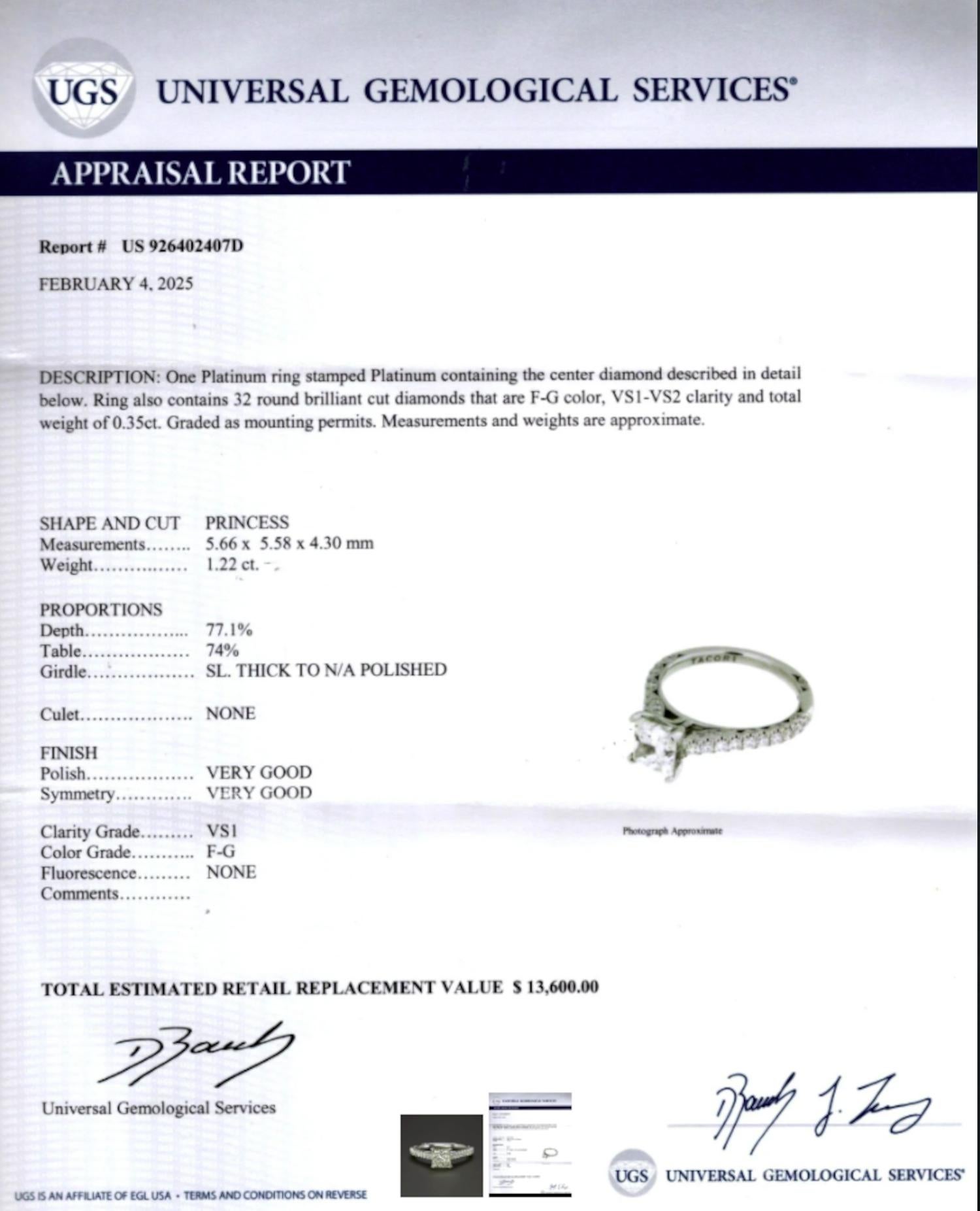 Tacori 1.22 Carat F-G VS1 Princess Cut Diamond Engagement Ring in Platinum In Excellent Condition For Sale In Chicago, IL