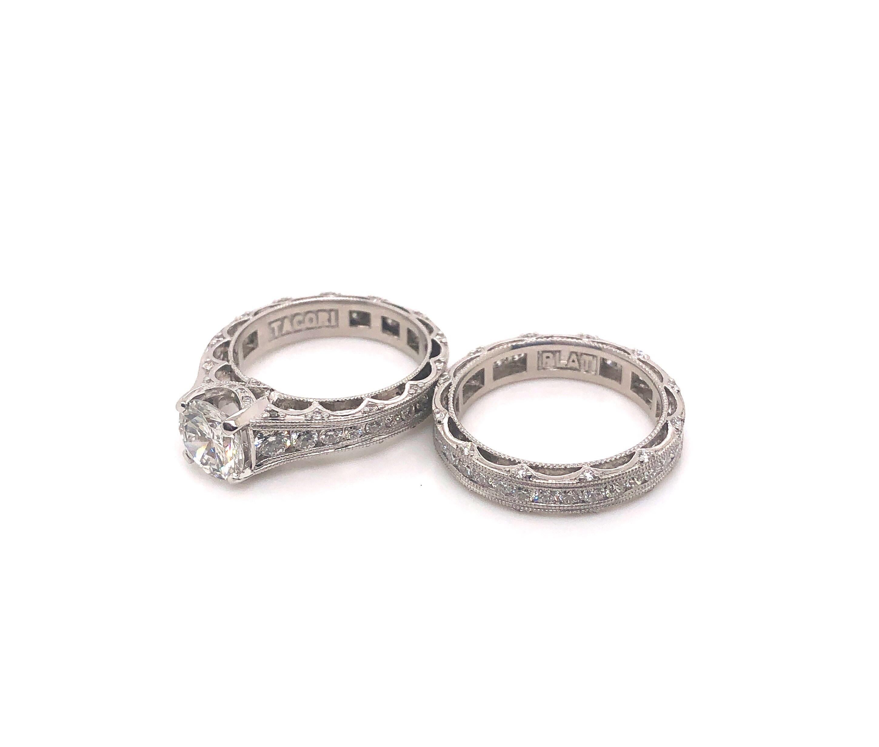 Tacori 1.53 Carat GIA Round Diamond Platinum Ring and Wedding Band, Set 3