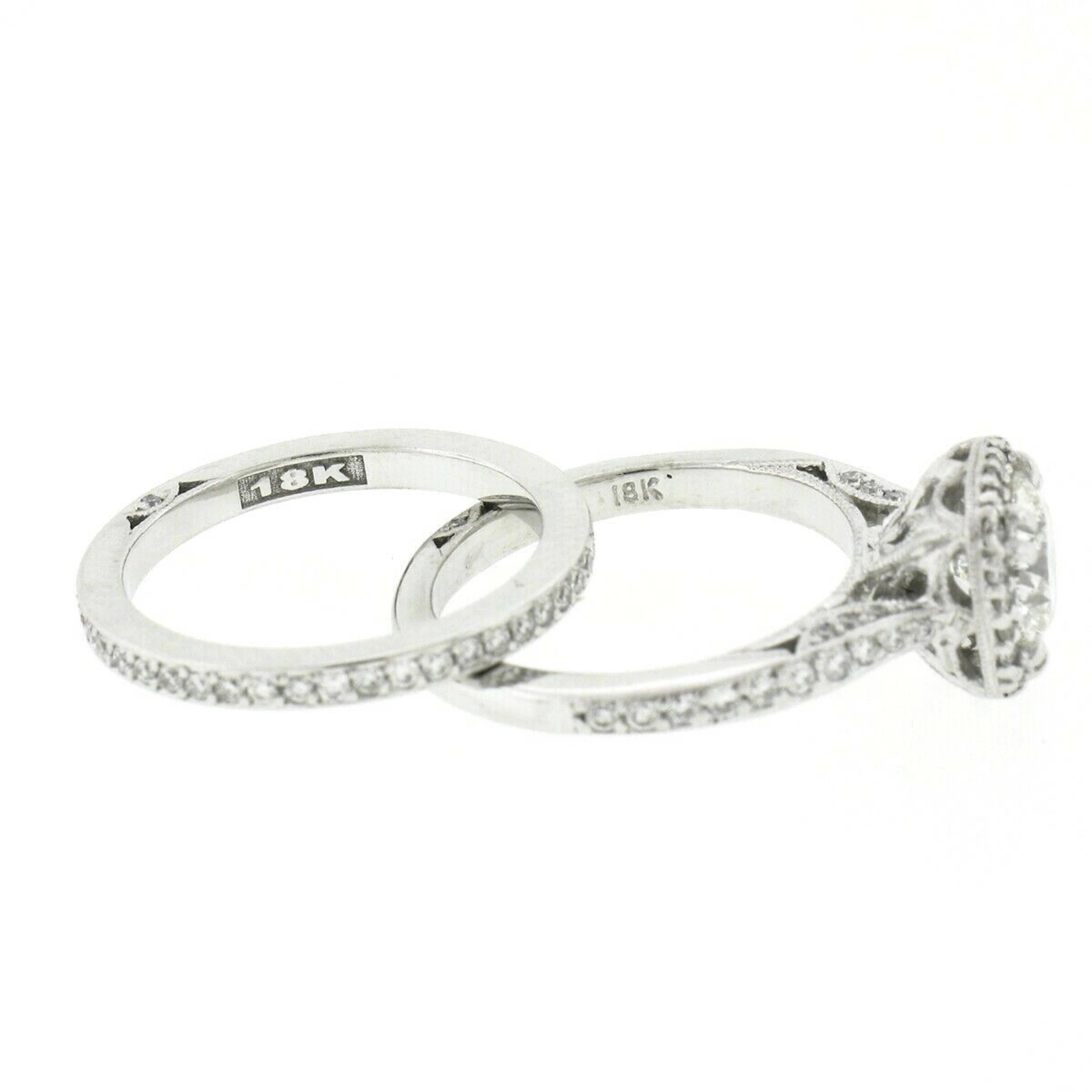 Tacori 18k White Gold GIA Round Diamond Halo Engagement Ring & Wedding Band Set 5