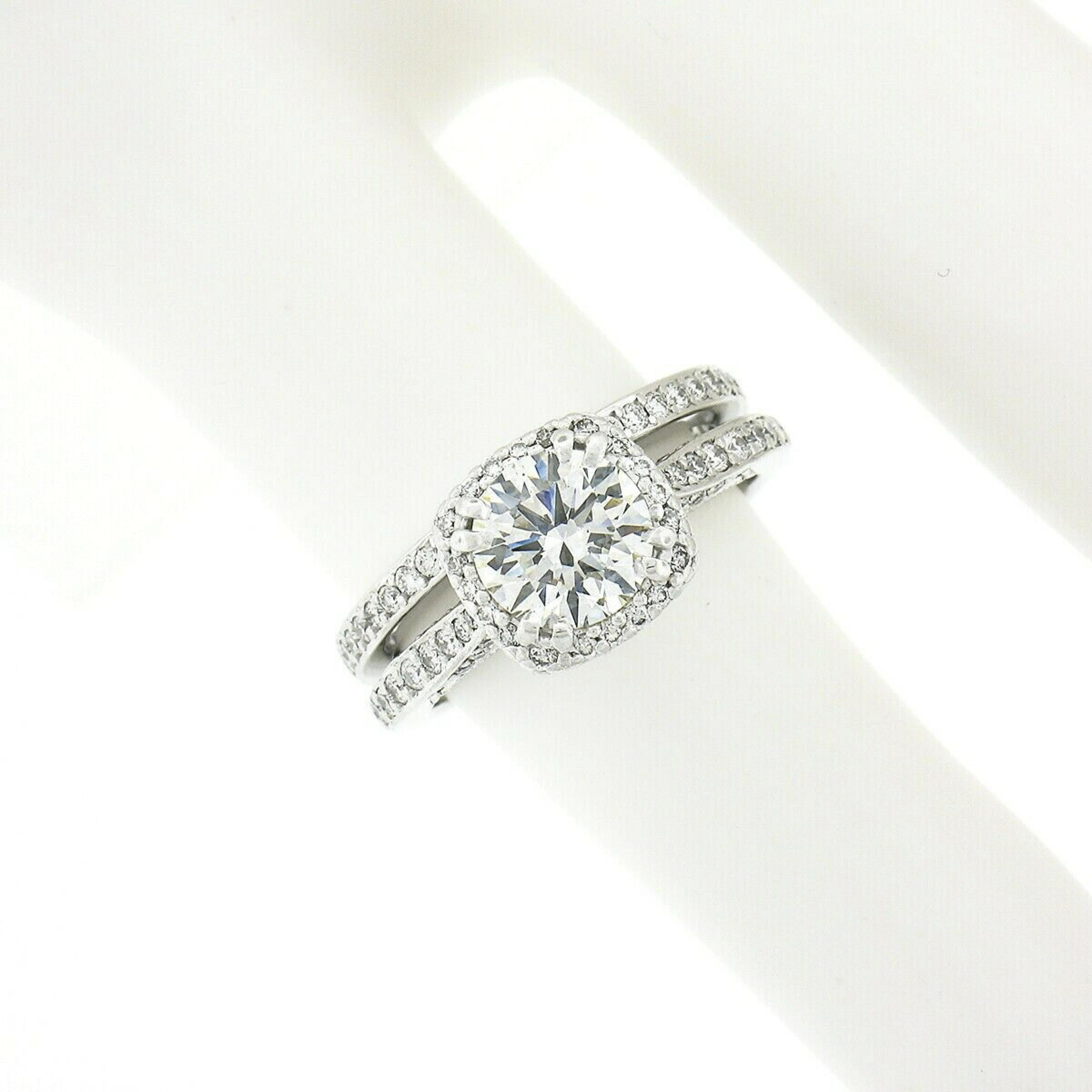 Round Cut Tacori 18k White Gold GIA Round Diamond Halo Engagement Ring & Wedding Band Set