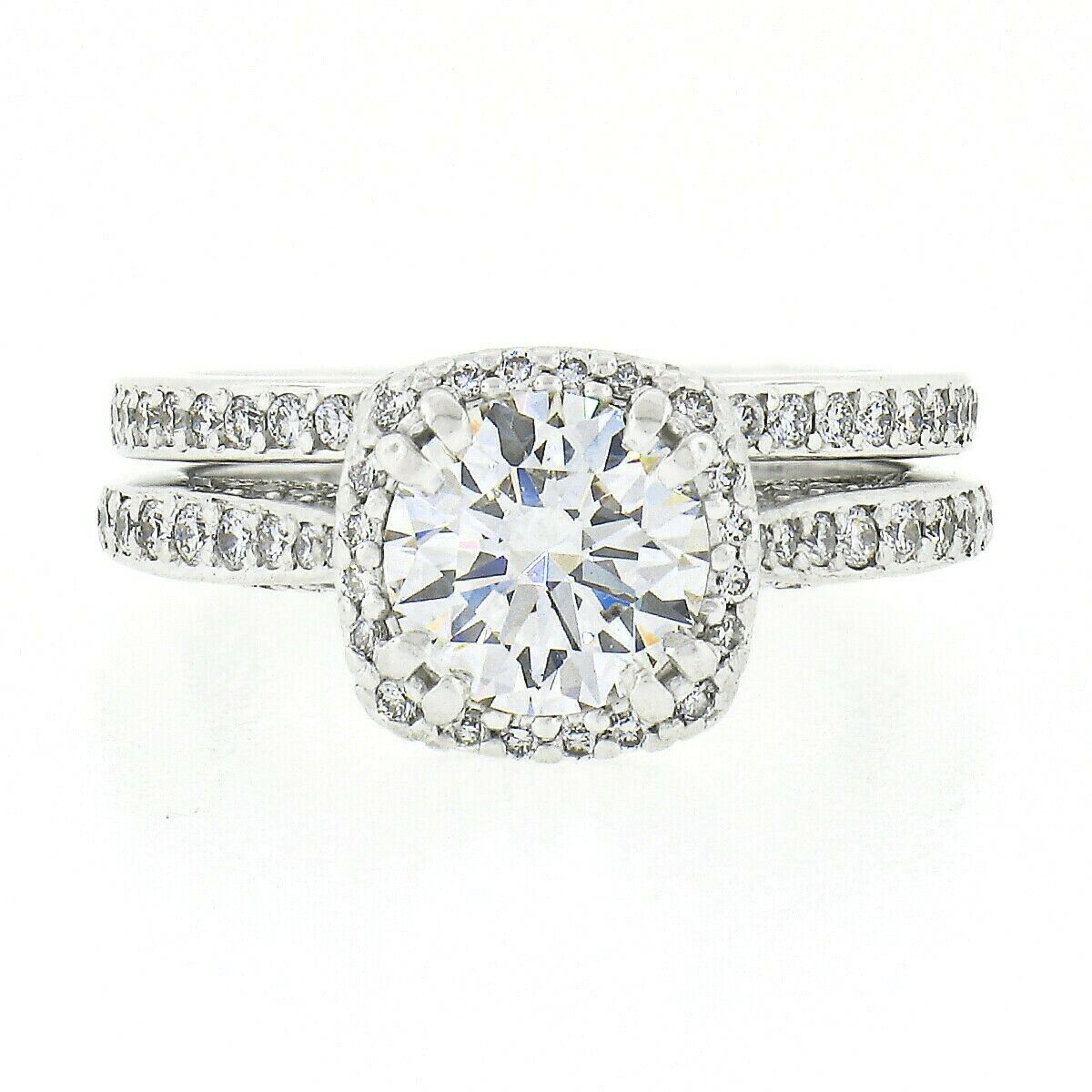 Tacori 18k White Gold GIA Round Diamond Halo Engagement Ring & Wedding Band Set In Excellent Condition In Montclair, NJ