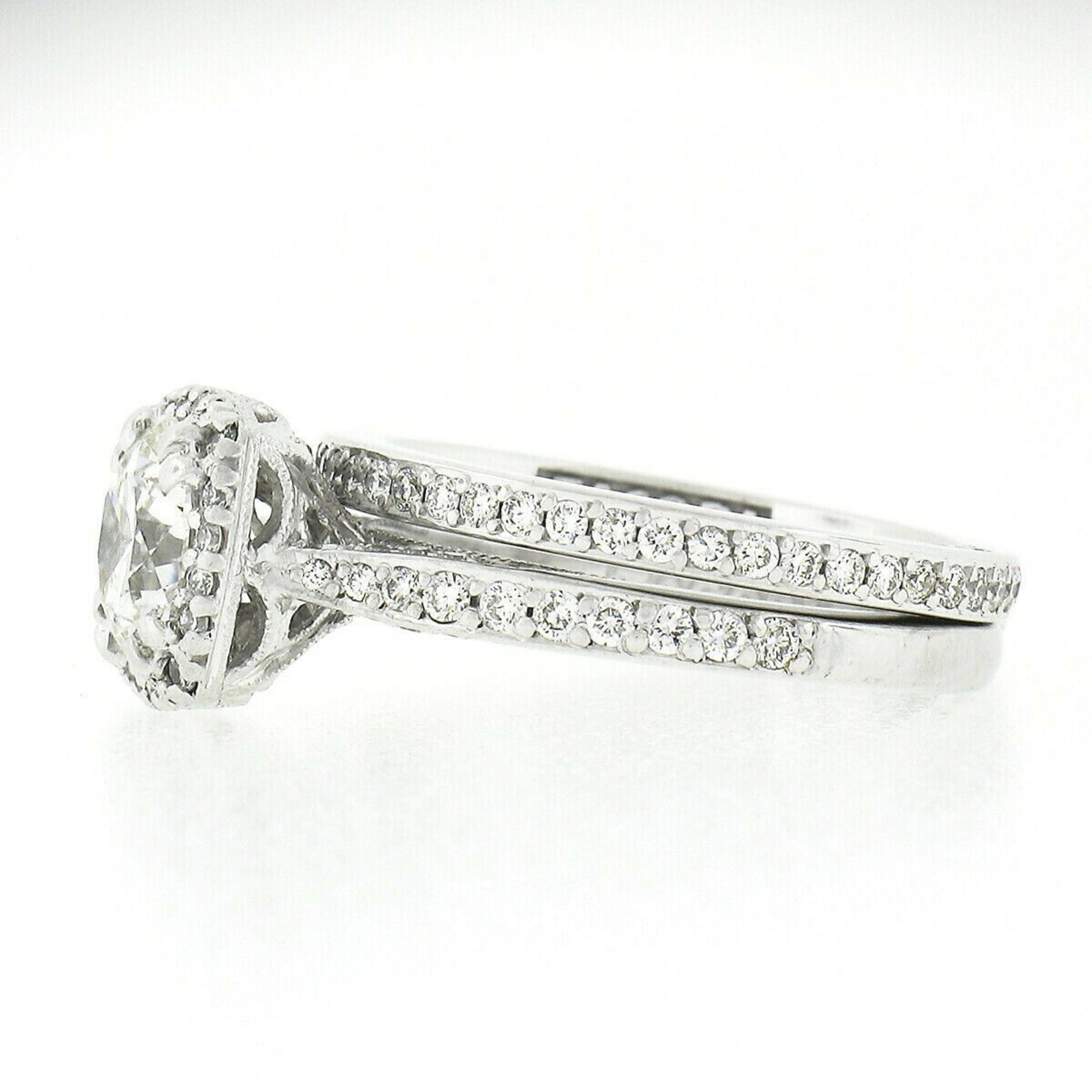 Women's Tacori 18k White Gold GIA Round Diamond Halo Engagement Ring & Wedding Band Set