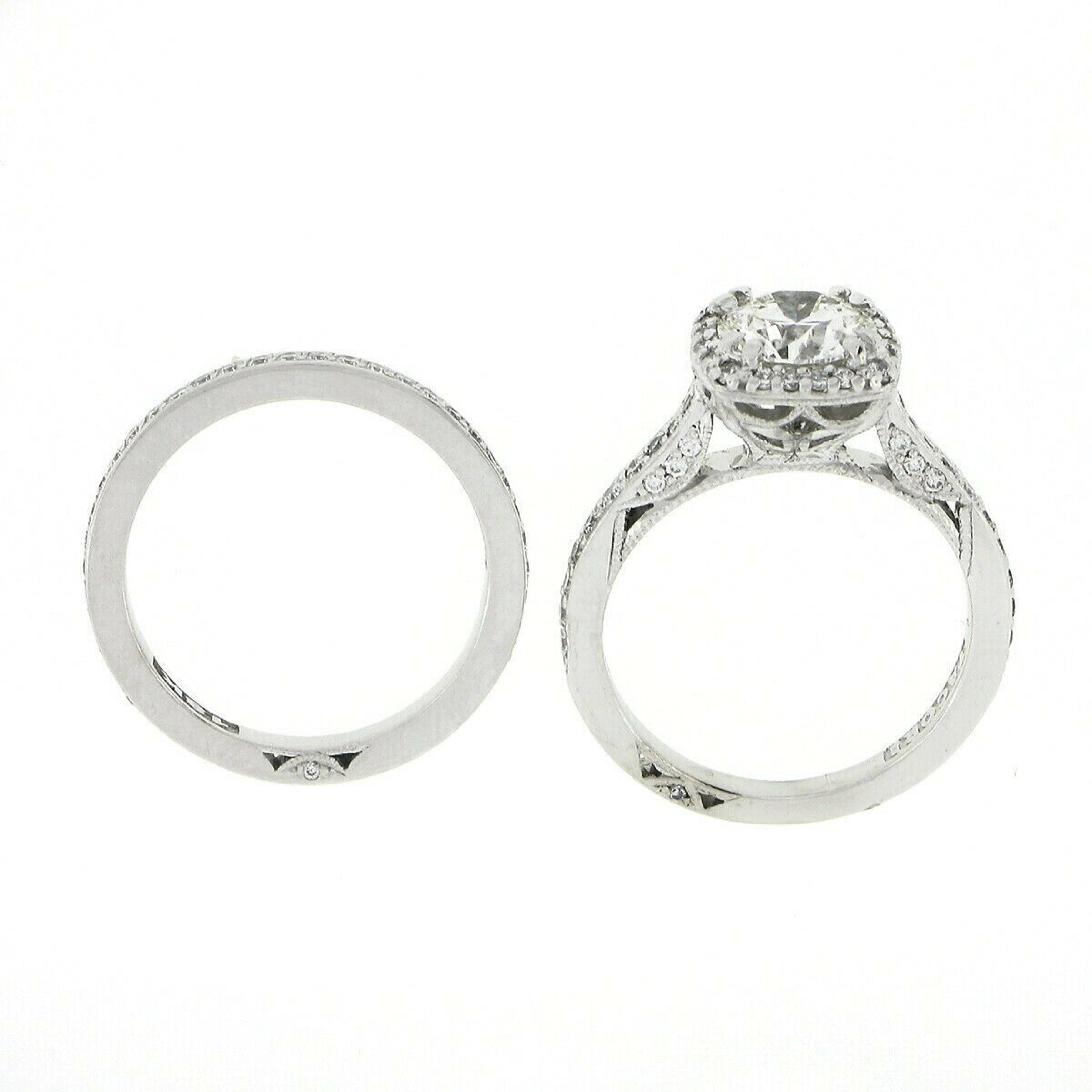 Tacori 18k White Gold GIA Round Diamond Halo Engagement Ring & Wedding Band Set 3