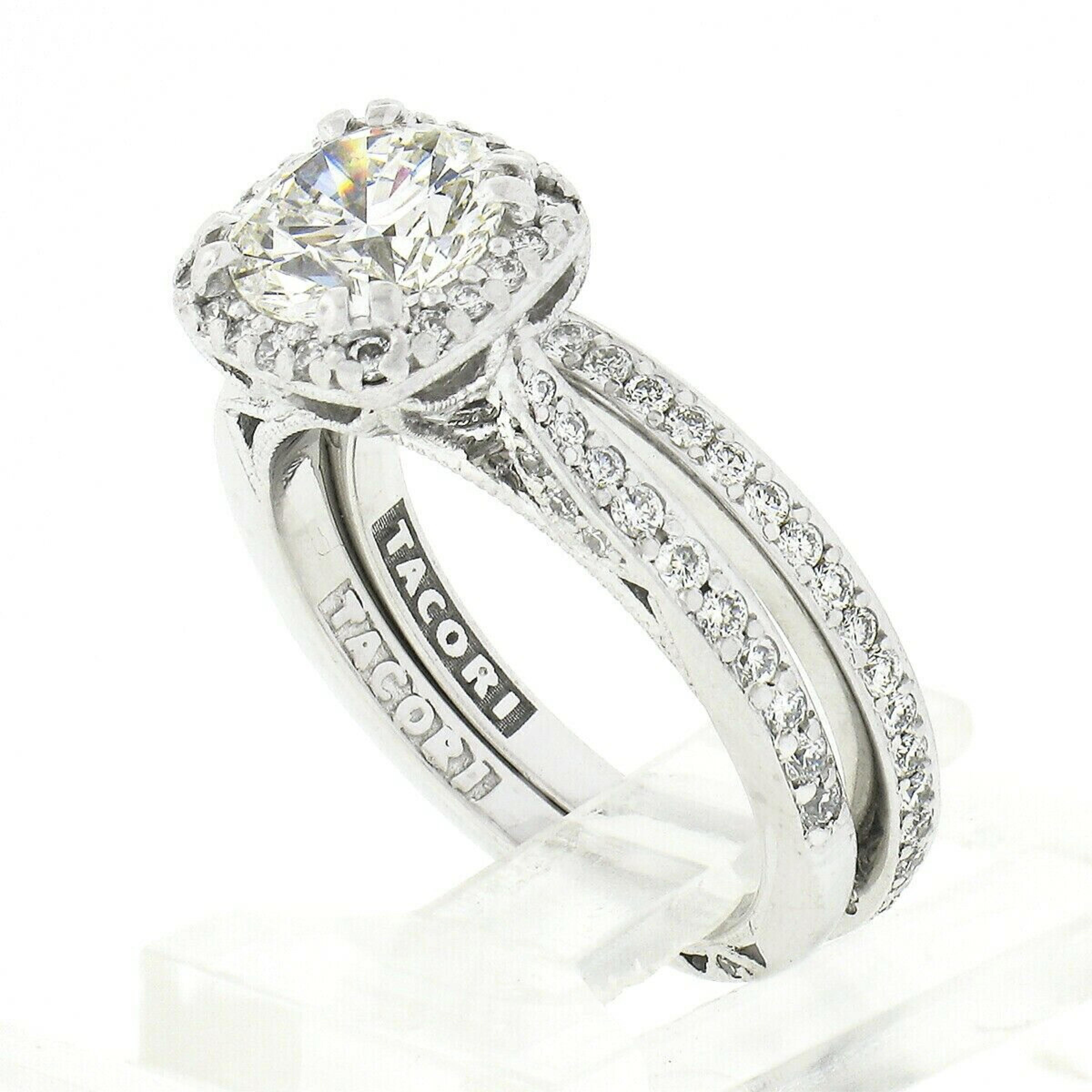 Tacori 18k White Gold GIA Round Diamond Halo Engagement Ring & Wedding Band Set 4