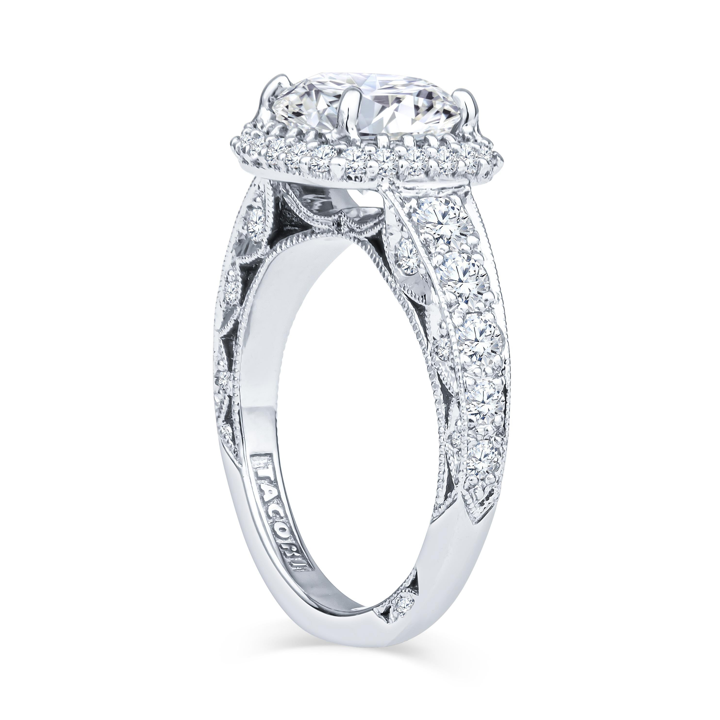 Round Cut Tacori 2.01ct Round K SI2 Diamond Plat Engagement Ring, 0.99ctw Diamond Accents