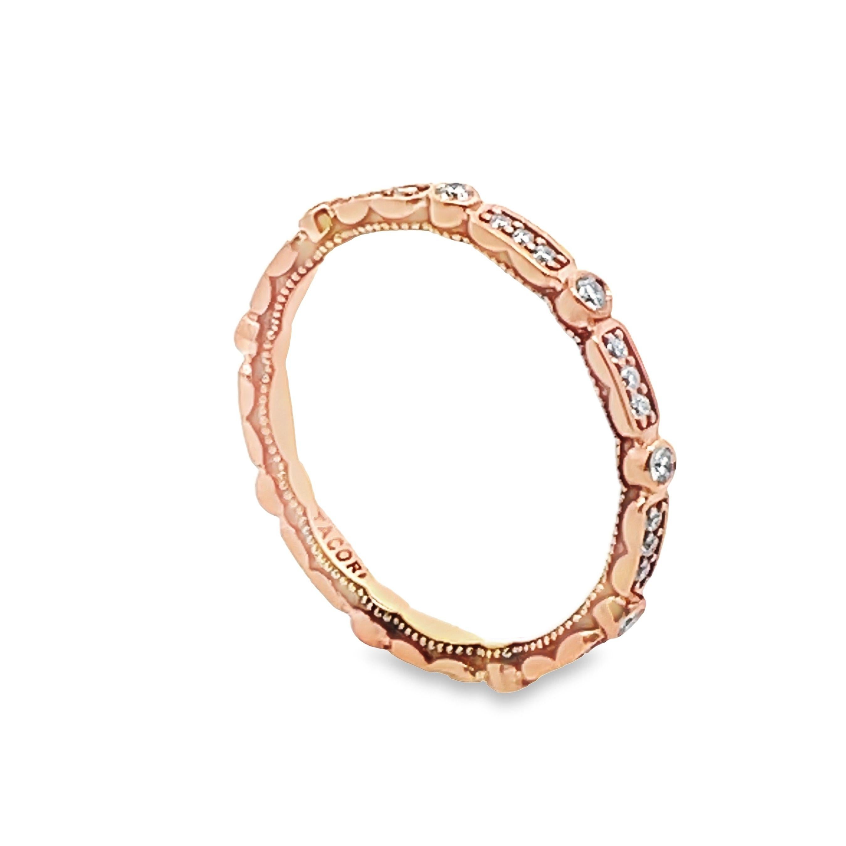 18K pink gold “Sculpted Crescent” collection eternity band made by Tacori.  The eternity ring has hand engraving and is furnished with round brilliant-cut diamonds weighing 0.27 carat total. 

* Diamonds are G color, VS clarity.
* The ring is 2mm
