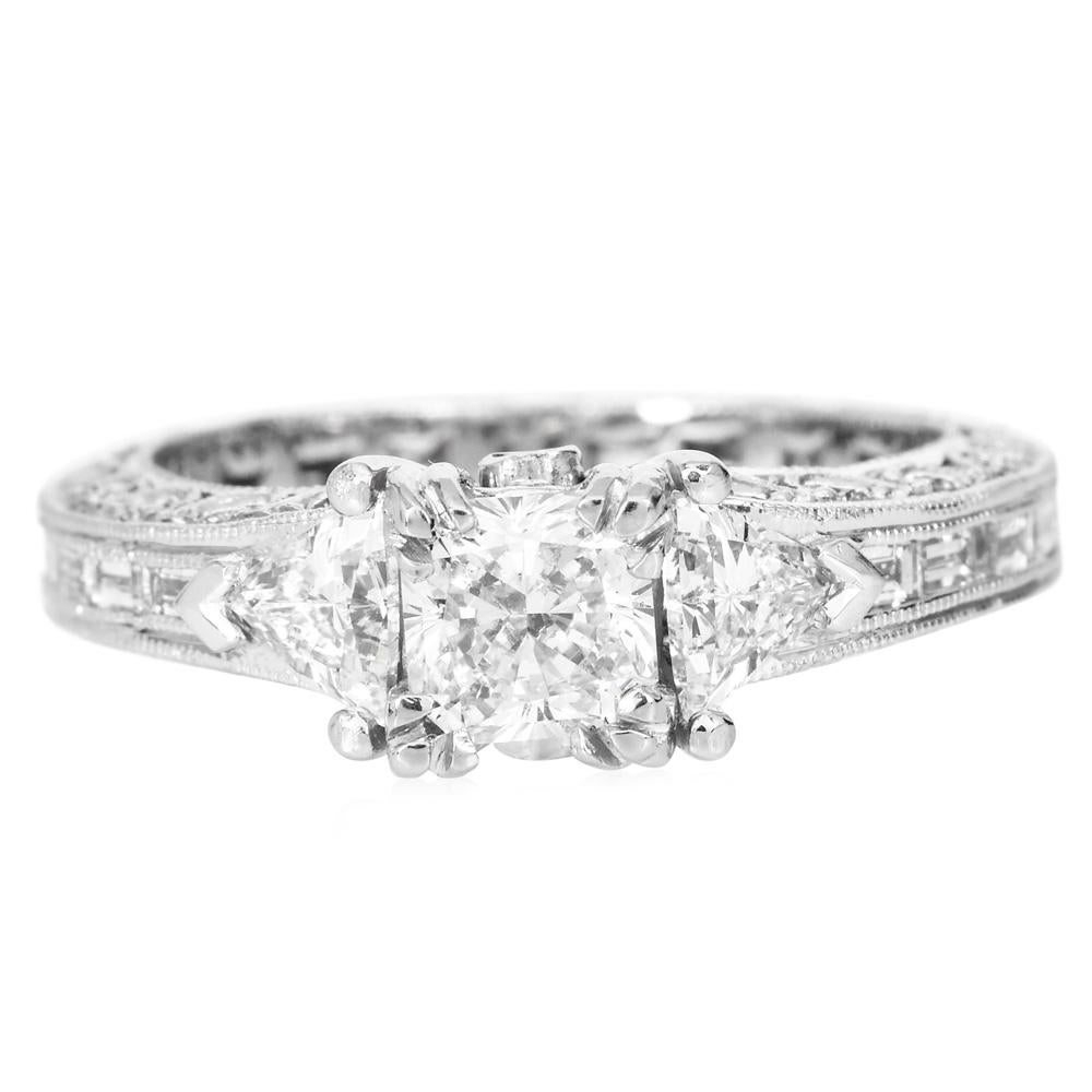 Tacori Diamond 3 Stone Eternity Engagement Semi-mount Ring crafted in Platinum.

Adorned with a Trapezoid cut diamond on either side of the center followed by

channel set Princess cut diamonds down the shoulders. 

The Center set with a stunning