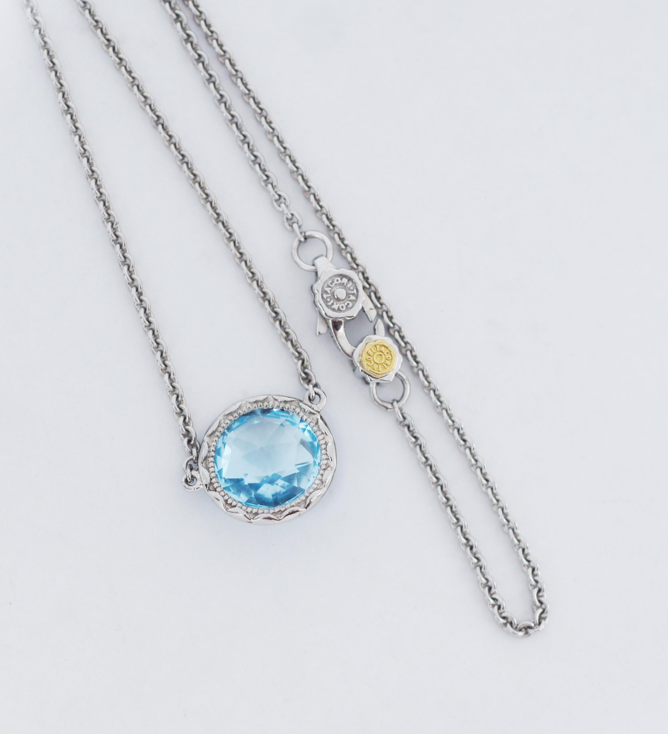 Round Cut TACORI 925 Crescent Embrace Blue Topaz Necklace For Sale