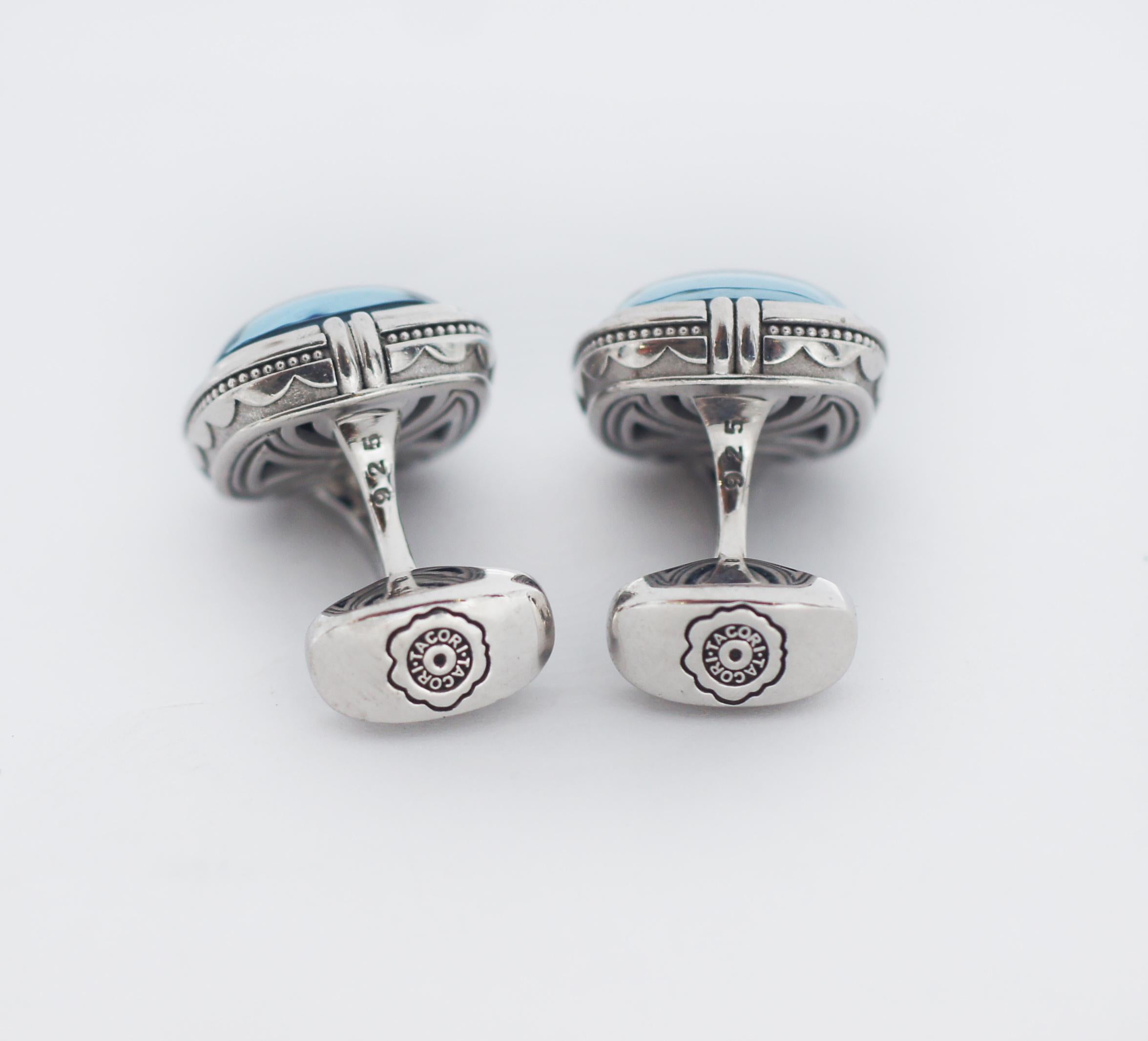 Tacori 925 RetroClassic Cushion Cuff Links Skyblue In Excellent Condition For Sale In San Fernando, CA