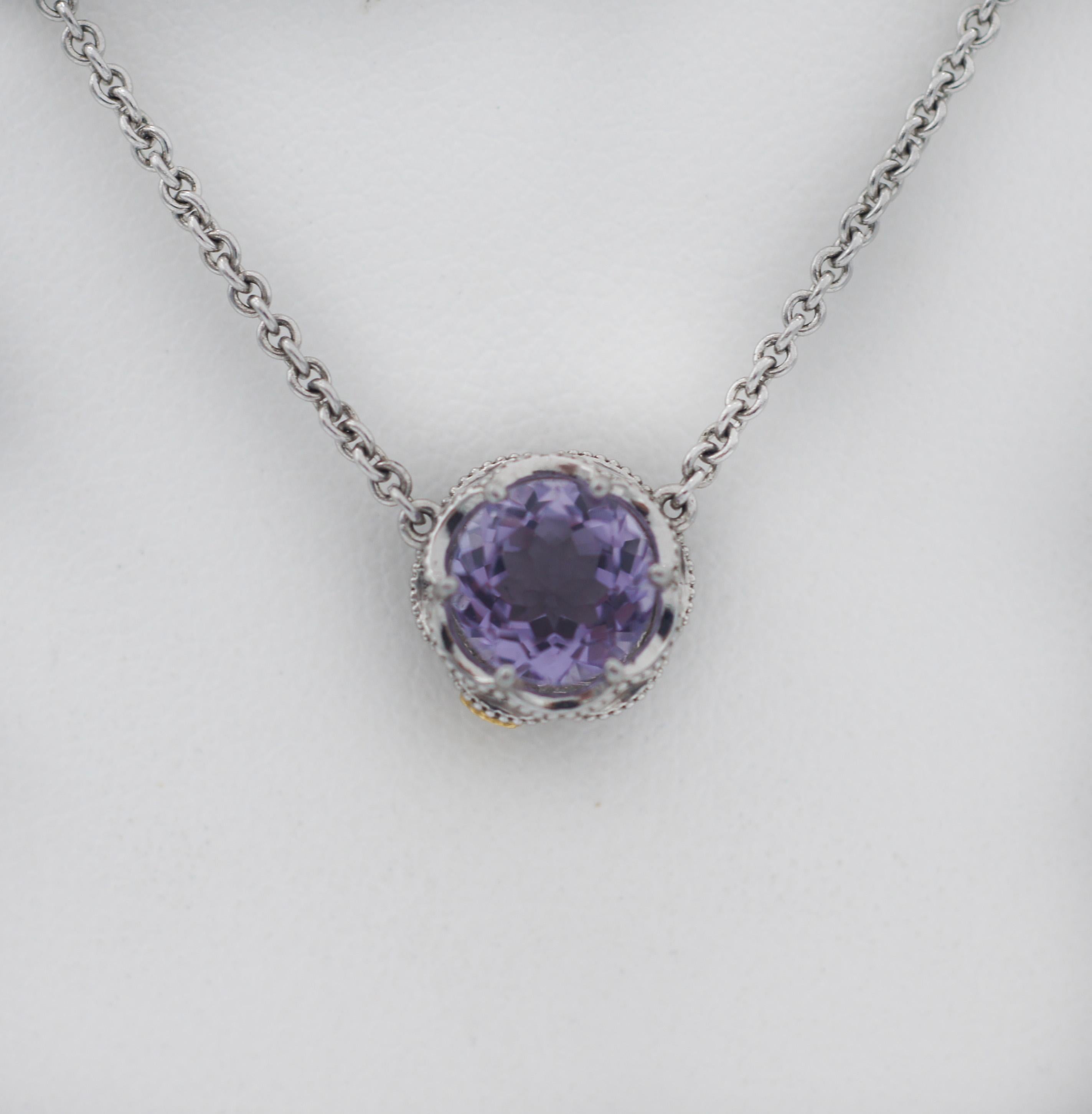 TACORI
Silver 925
Crescent Crown
Bold Crescent Station Necklace featuring Amethyst
Tacori STYLE SN22401
This multifaceted crystal clear Rose Amethyst gemstone pendant will sparkle with every beat of your heart. The Rose Amethyst gemstone is encased