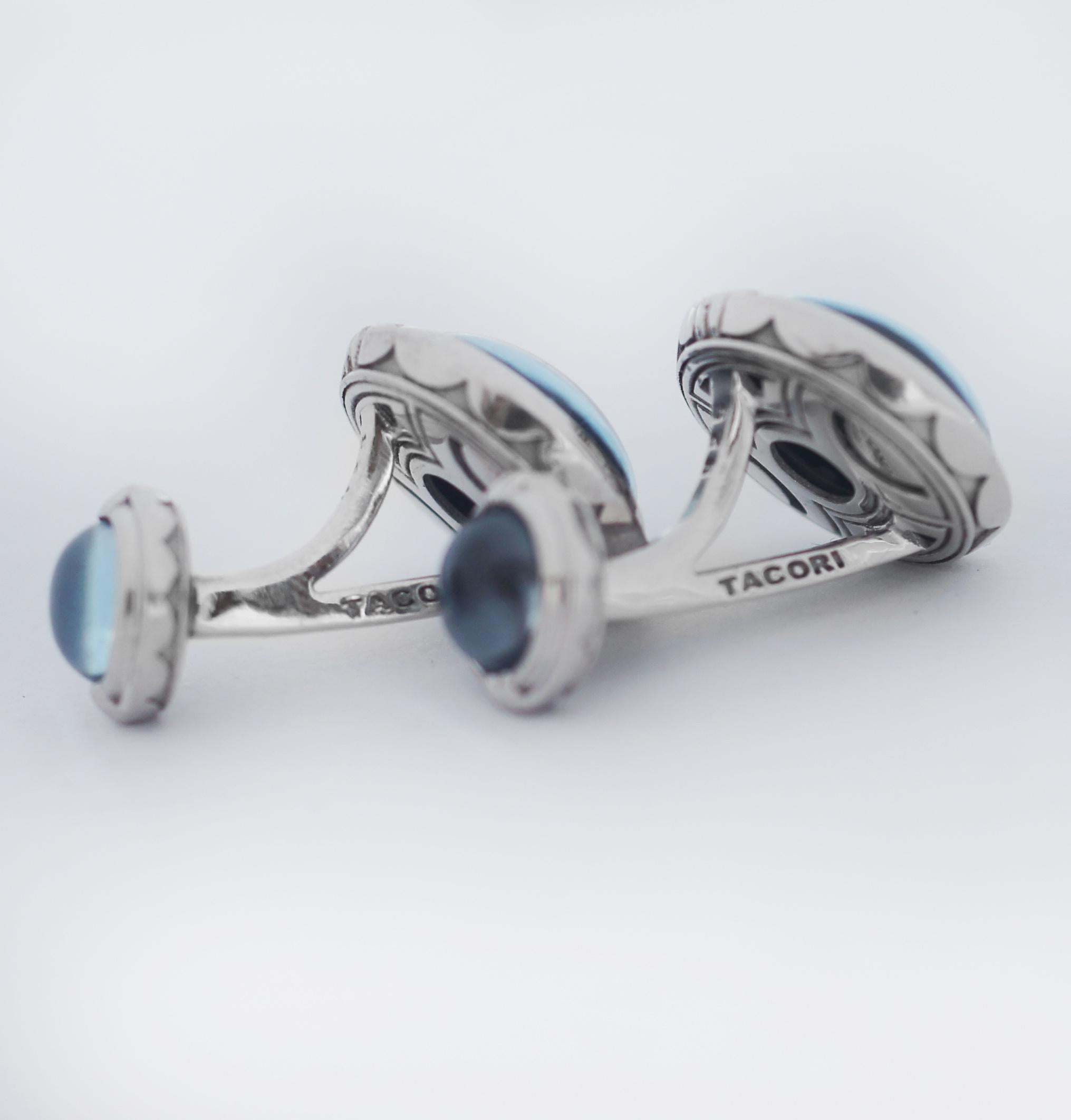 TACORI
Retro Classic
Cabochon Cuff Links featuring Round Sky Blue Hematite on both sides of cufflink 
Tacori reference Style ID MCL10537
Silver 925
In great looking condition, wear consistent with time and Light use,
See images, please
NO original