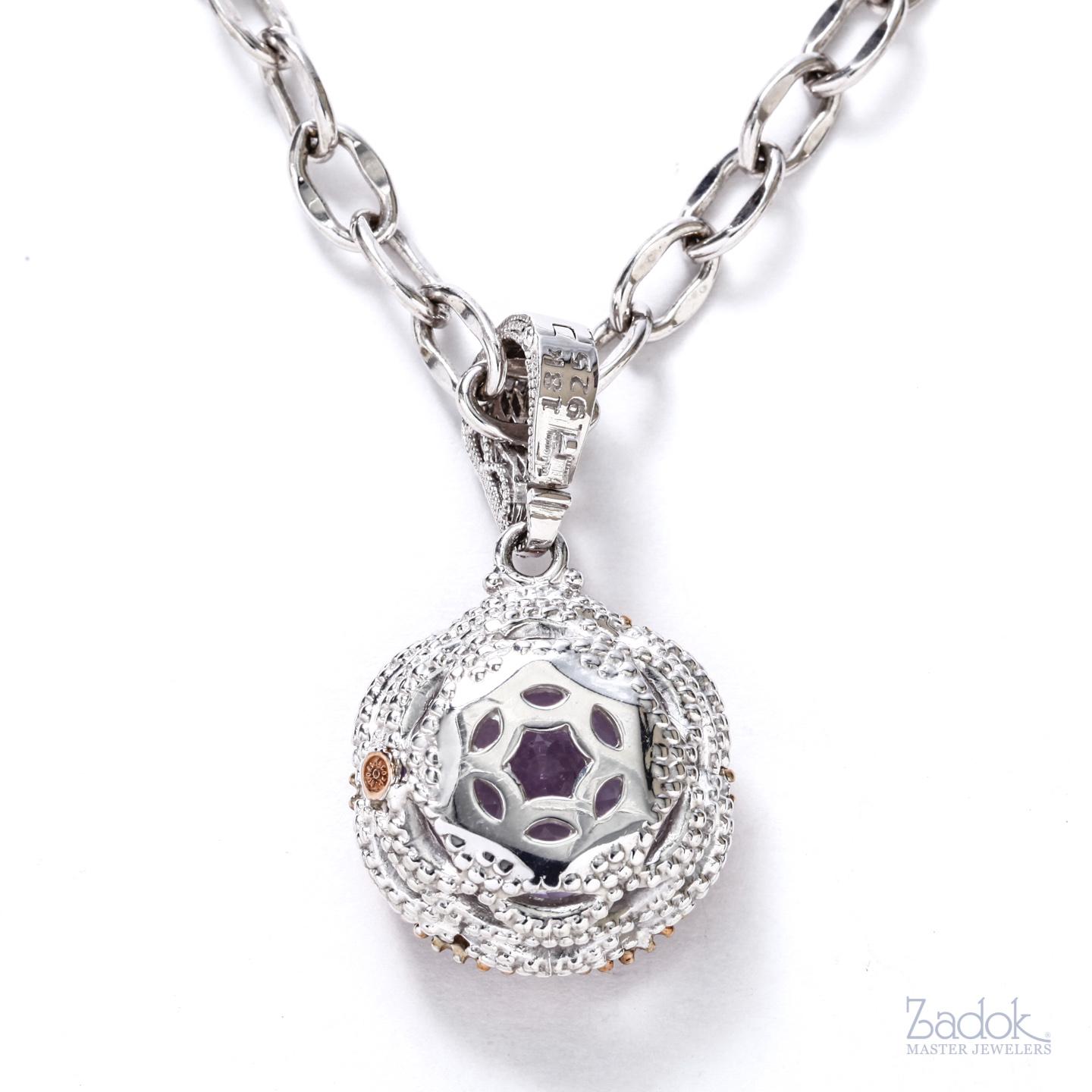 Round Cut Tacori Amethyst Pendant and Chain, Sterling Silver, 18 Karat Gold, 12.50 Carat For Sale