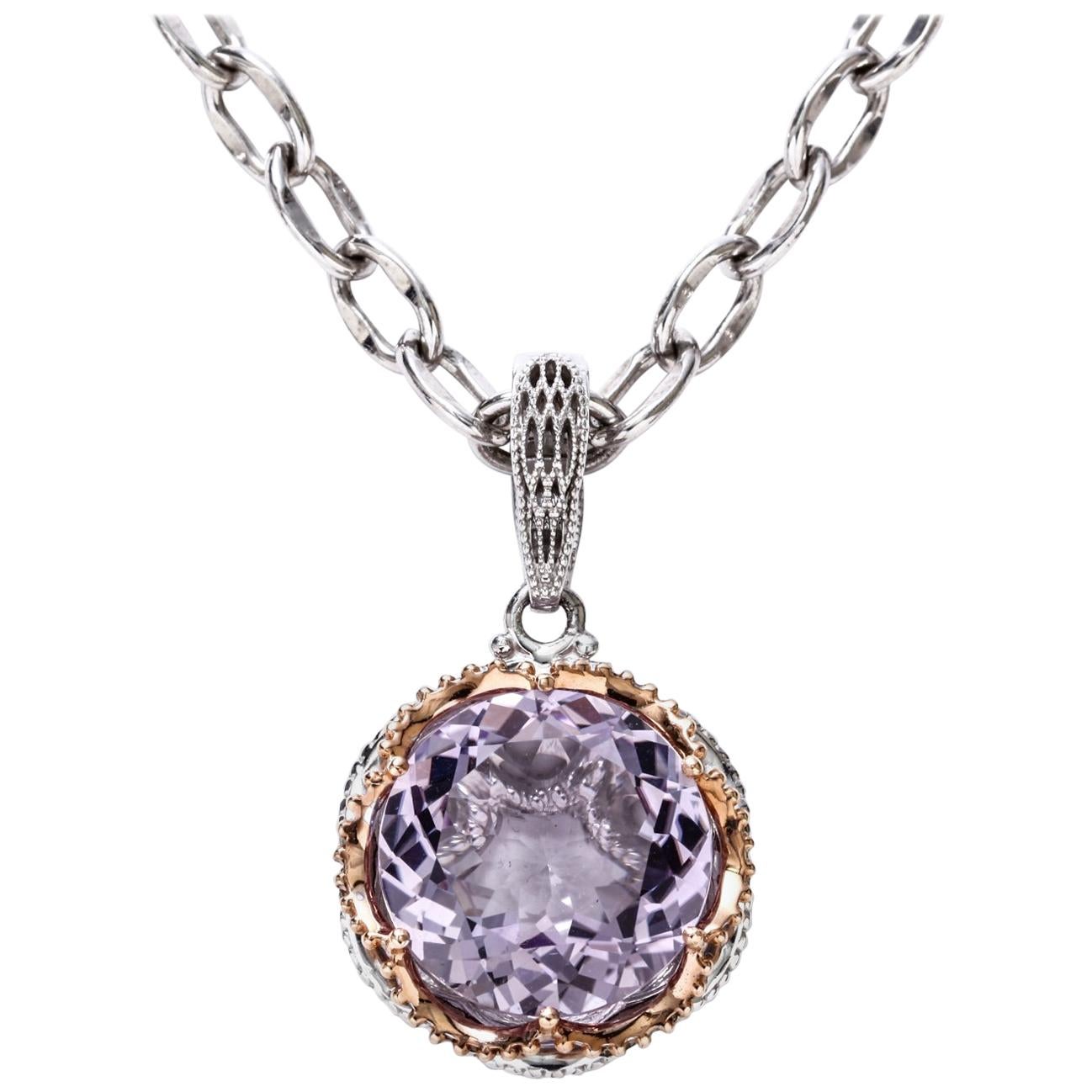 Tacori Amethyst Pendant and Chain, Sterling Silver, 18 Karat Gold, 12.50 Carat For Sale