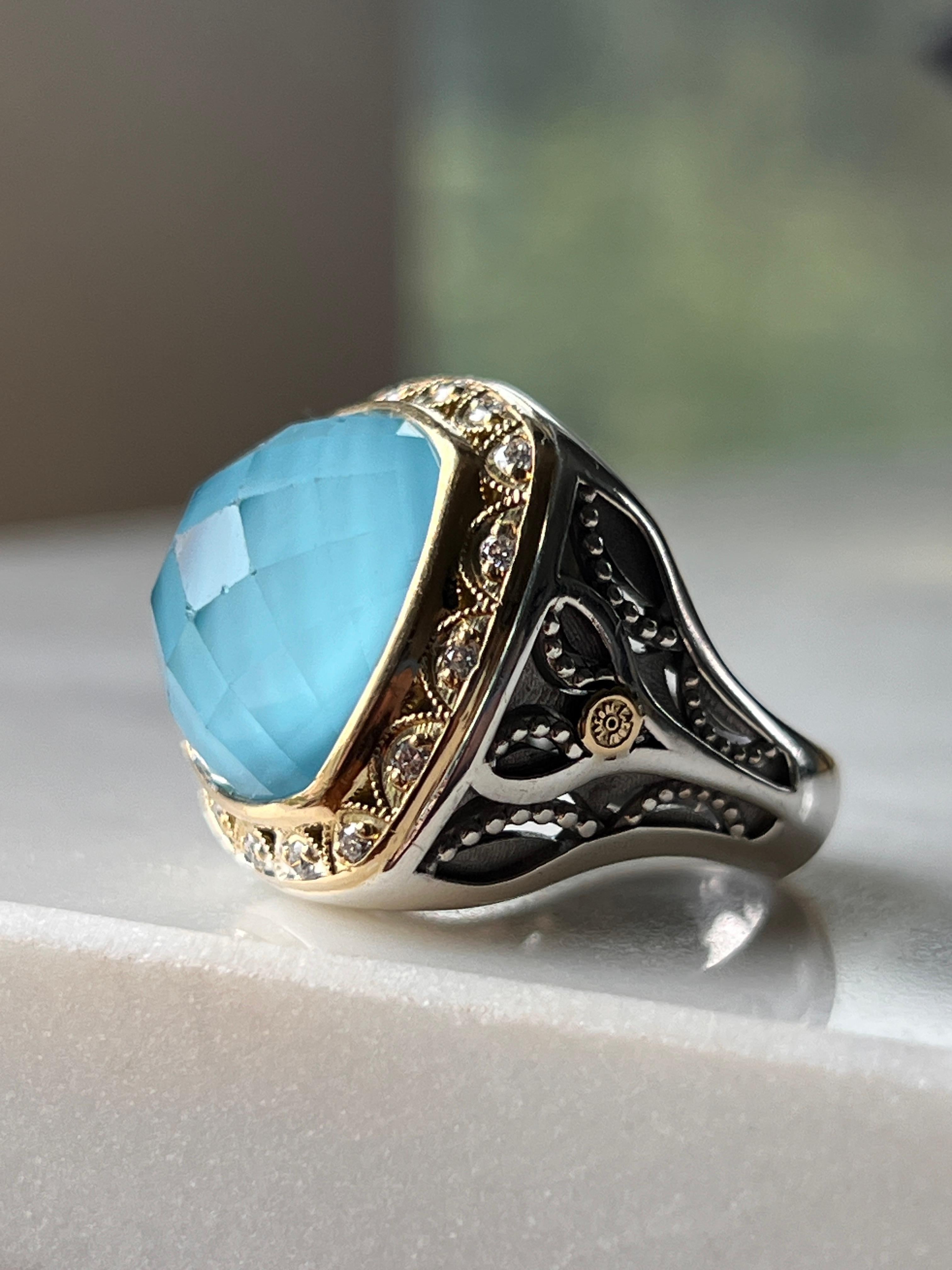 Contemporain Tacori Bague cocktail en or jaune 18 carats avec quartz turquoise bleue et diamant en vente