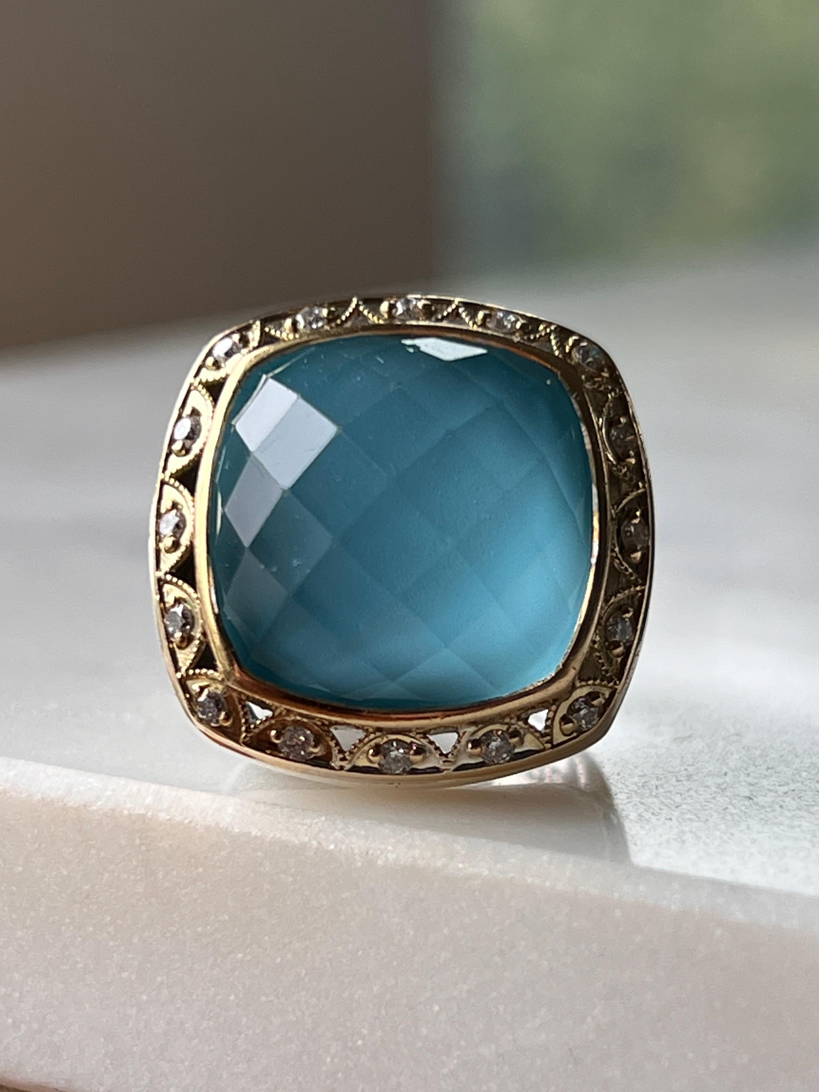 Taille coussin Tacori Bague cocktail en or jaune 18 carats avec quartz turquoise bleue et diamant en vente