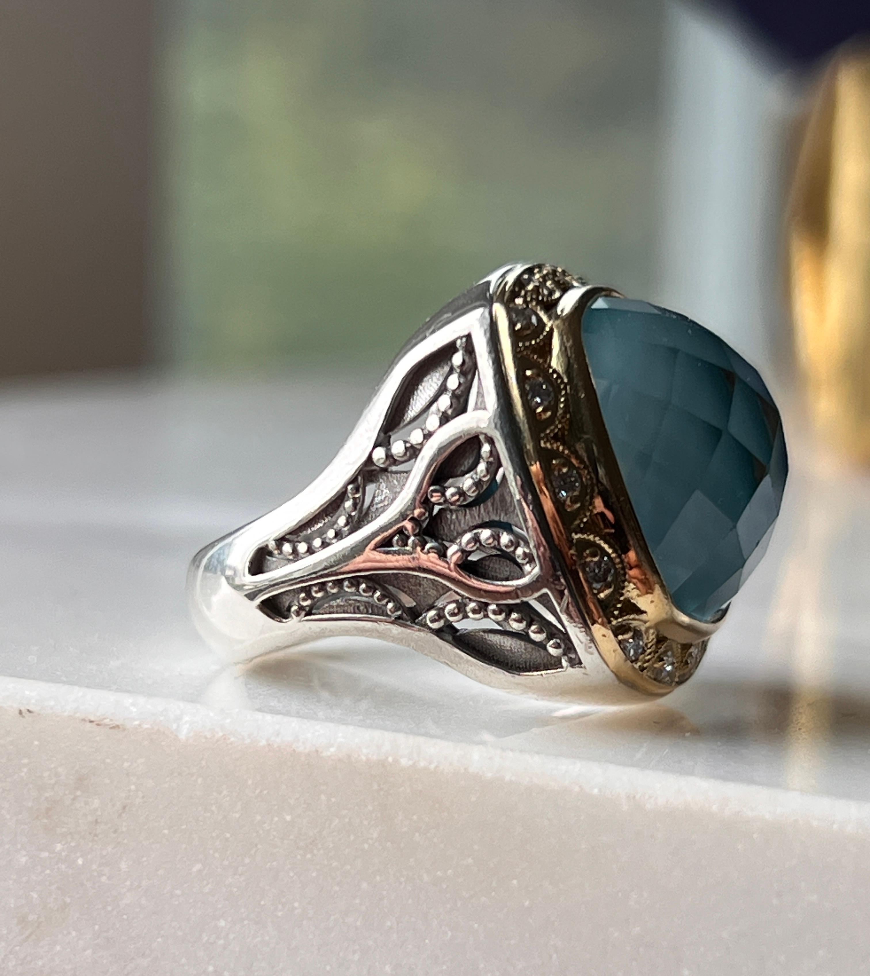 Tacori Bague cocktail en or jaune 18 carats avec quartz turquoise bleue et diamant Bon état - En vente à Towson, MD