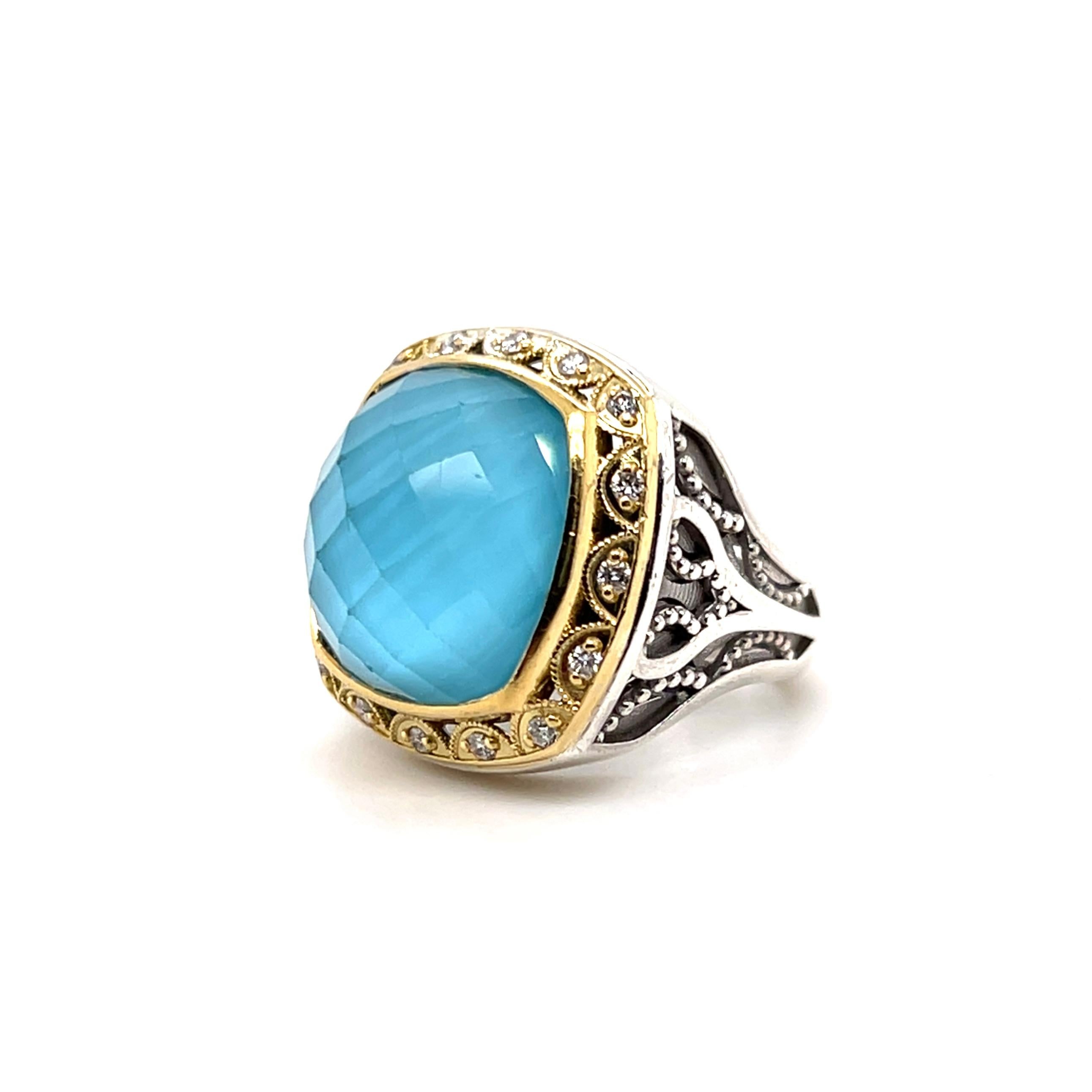 Tacori Bague cocktail en or jaune 18 carats avec quartz turquoise bleue et diamant Unisexe en vente