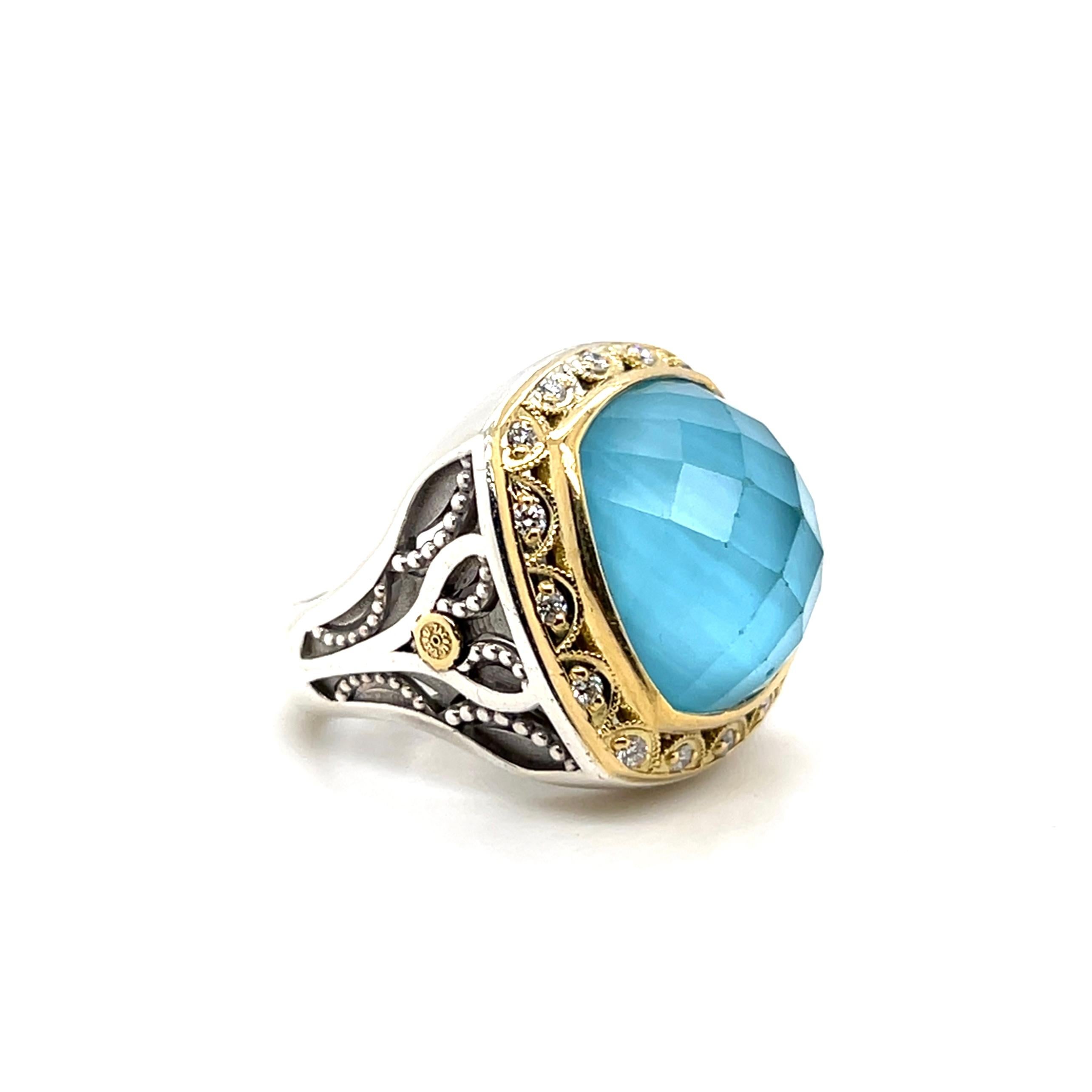 Tacori Bague cocktail en or jaune 18 carats avec quartz turquoise bleue et diamant en vente 1
