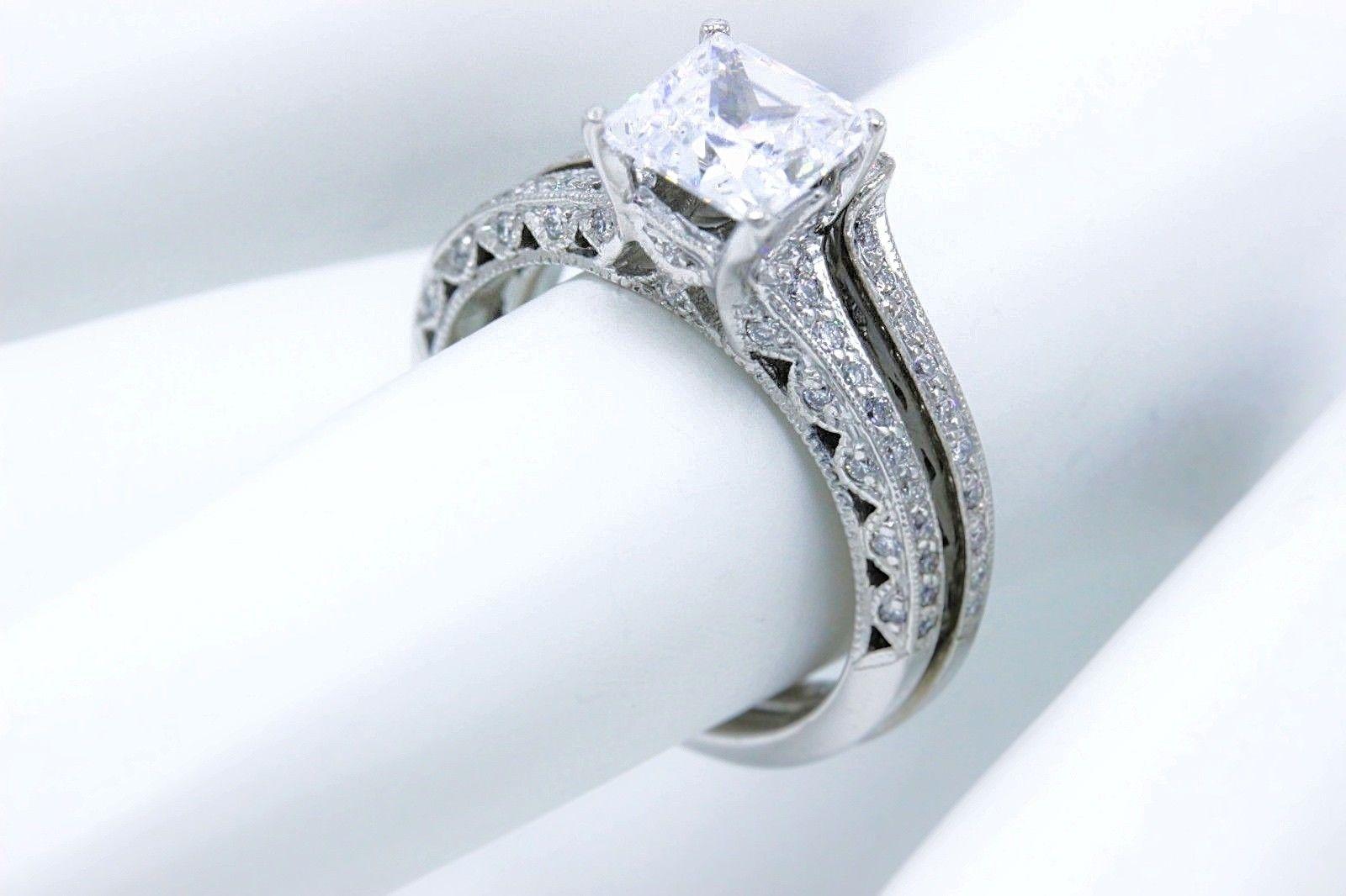 Princess Cut Tacori Crescent Diamond Engagement Ring Wedding Band Set 18 Karat White Gold