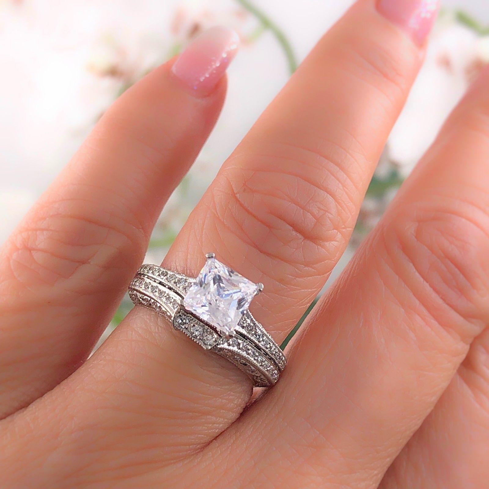 Women's Tacori Crescent Diamond Engagement Ring Wedding Band Set 18 Karat White Gold