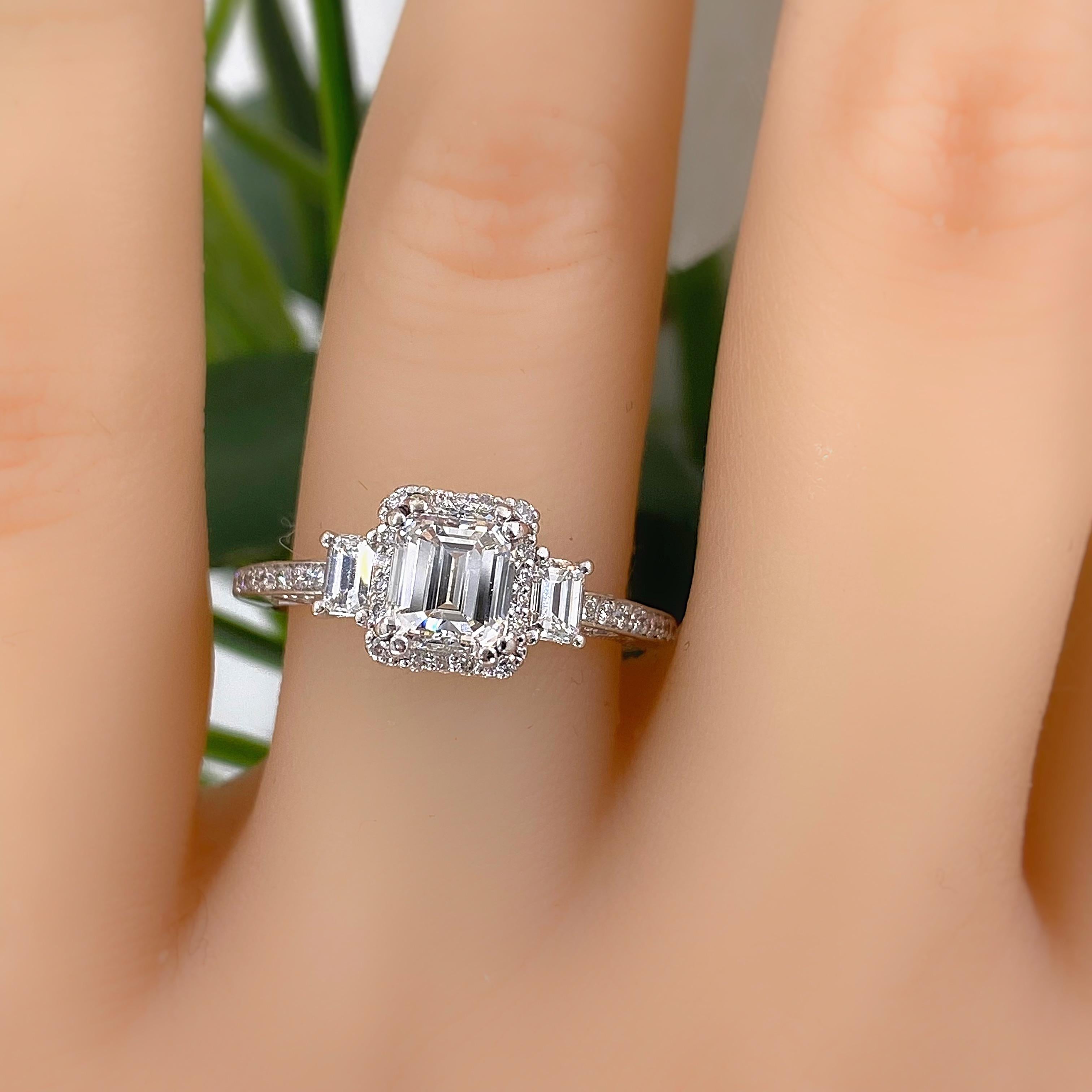 Emerald Cut Tacori Dantela 1.56 Tcw Emerald Diamond Engagement Ring 18kt WG COA Certificate For Sale