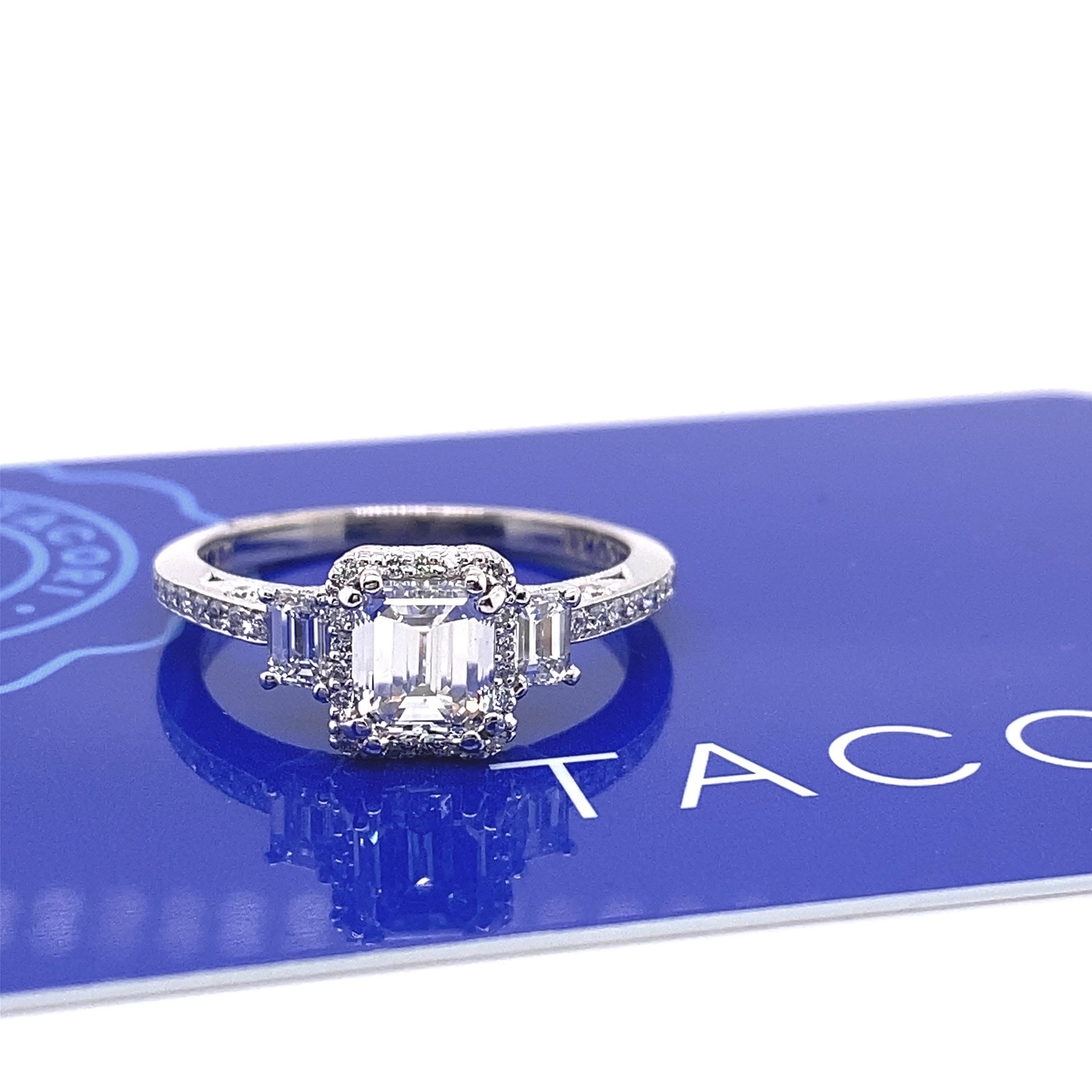 Women's Tacori Dantela 1.56 Tcw Emerald Diamond Engagement Ring 18kt WG COA Certificate For Sale