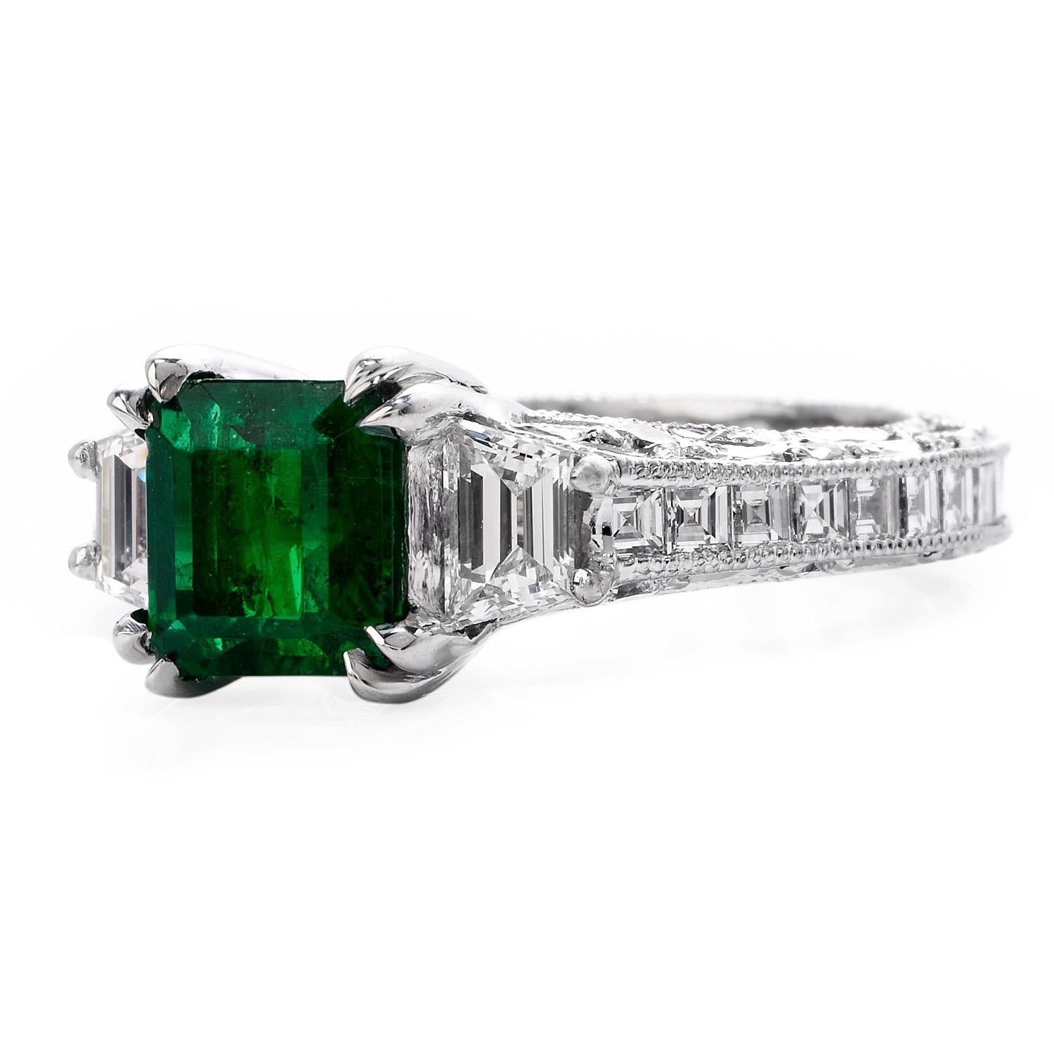 Tacori Diamant-zertifizierter sambischer Smaragd-Verlobungsring aus Platin im Zustand „Hervorragend“ im Angebot in Miami, FL