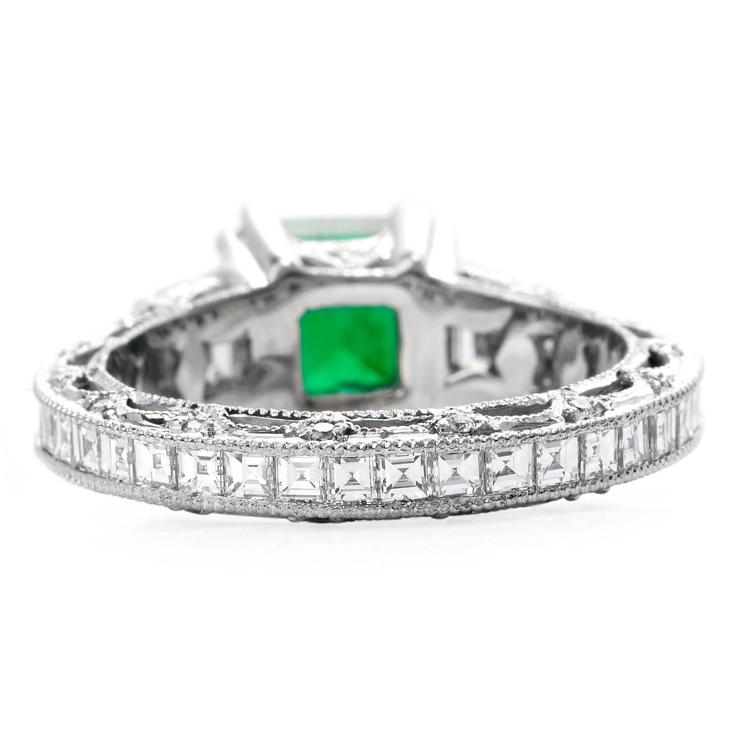Art Deco Tacori Diamond Certified Zambian Emerald Platinum Engagement Ring For Sale