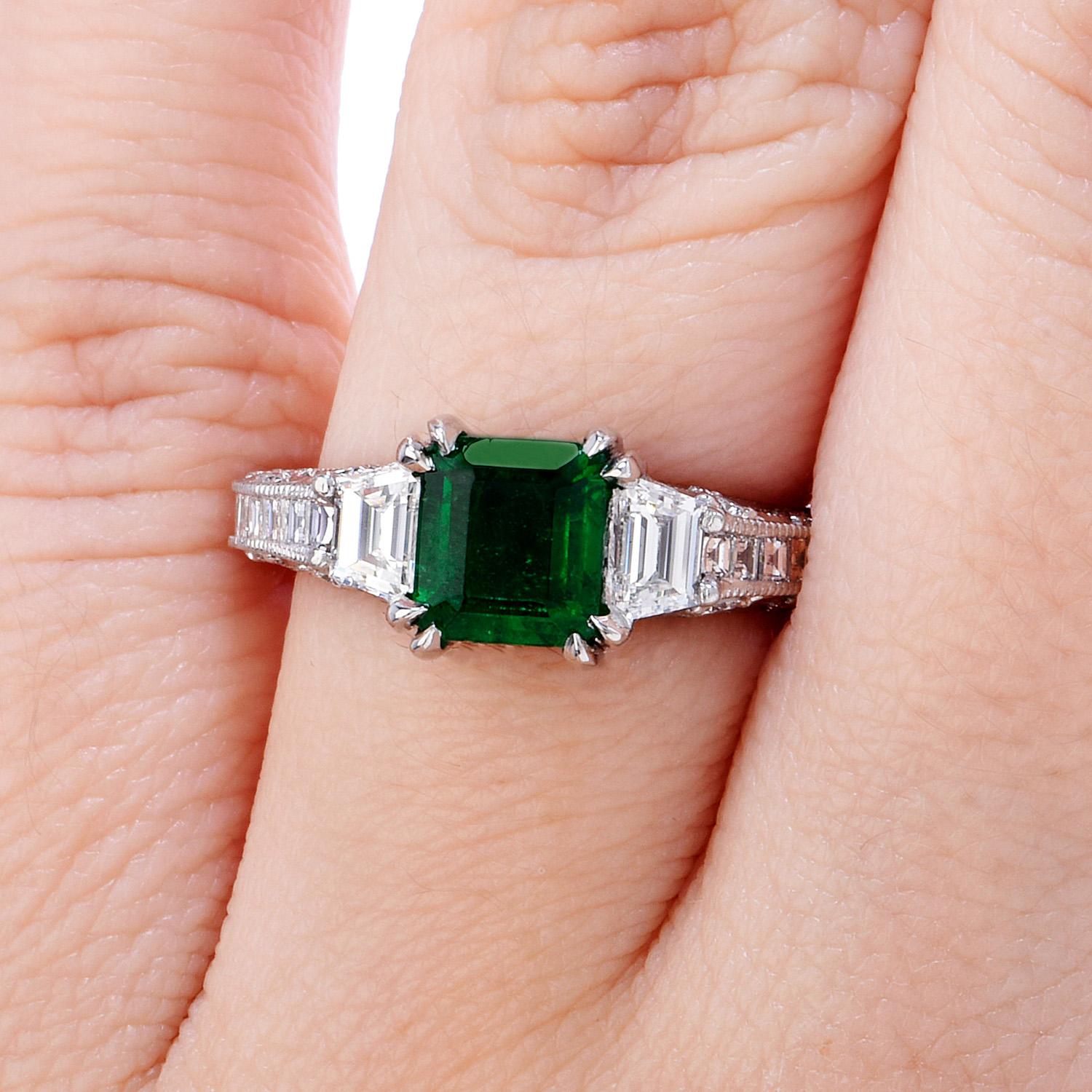 Emerald Cut Tacori Diamond Certified Zambian Emerald Platinum Engagement Ring For Sale