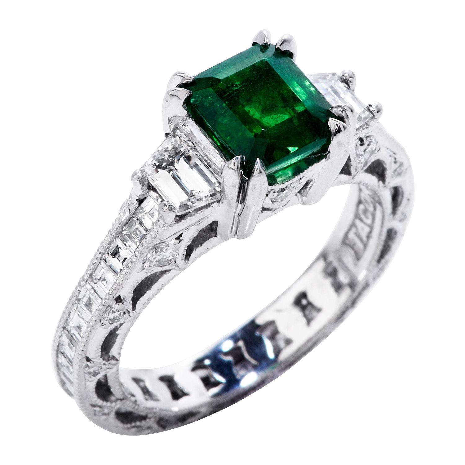 Tacori Diamant-zertifizierter sambischer Smaragd-Verlobungsring aus Platin im Angebot