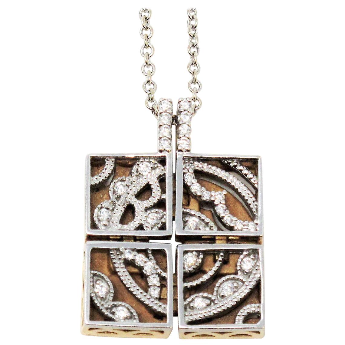 Tacori Diamond Sectioned Square Pendant Necklace in 18 Karat White and Rose Gold For Sale