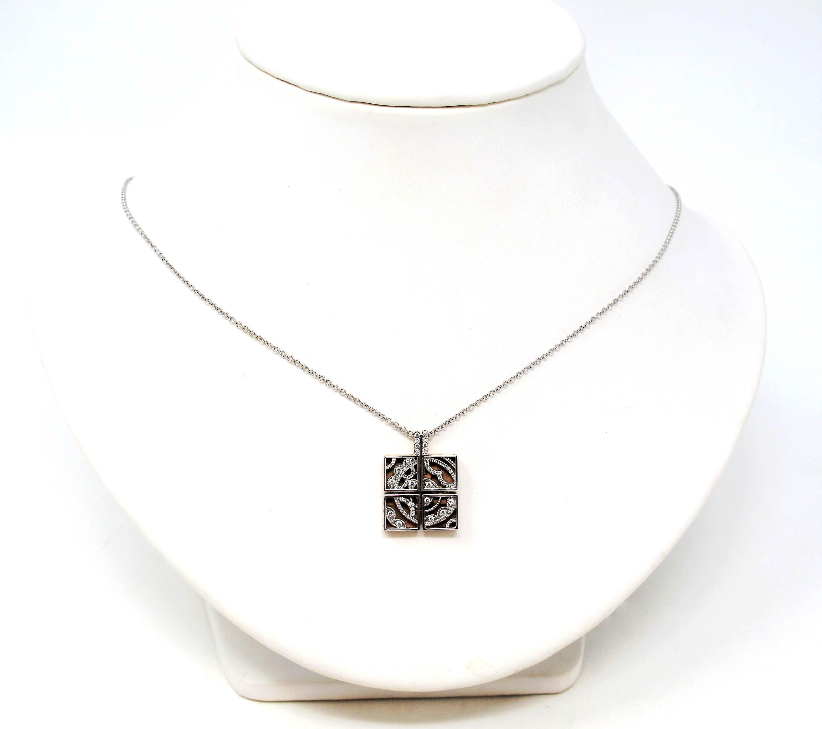 Tacori Diamond Sectioned Square Pendant Necklace in 18 Karat White and Rose Gold For Sale 1