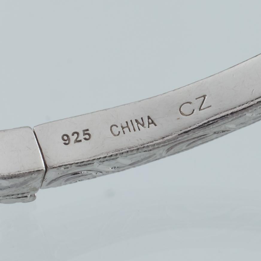 Tacori Engraved Sterling Silver & Princess Cut CZ Bangle Bracelet, Size 7.5 For Sale 1